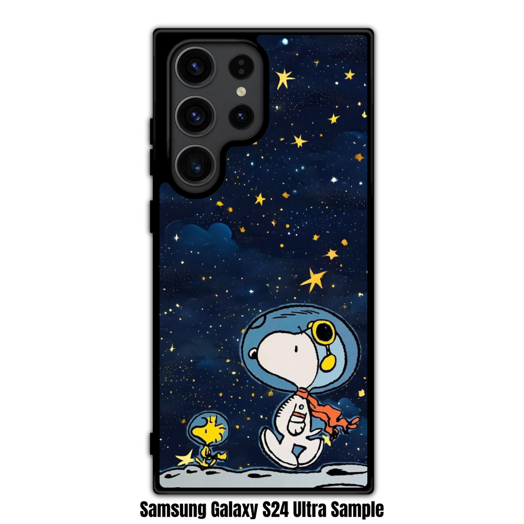 Peanuts Snoopy Phone Case For iPhone Samsung Galaxy Pixel - Peanuts Snoopy And Woodstock On Moon Under Starry Night Sky Background