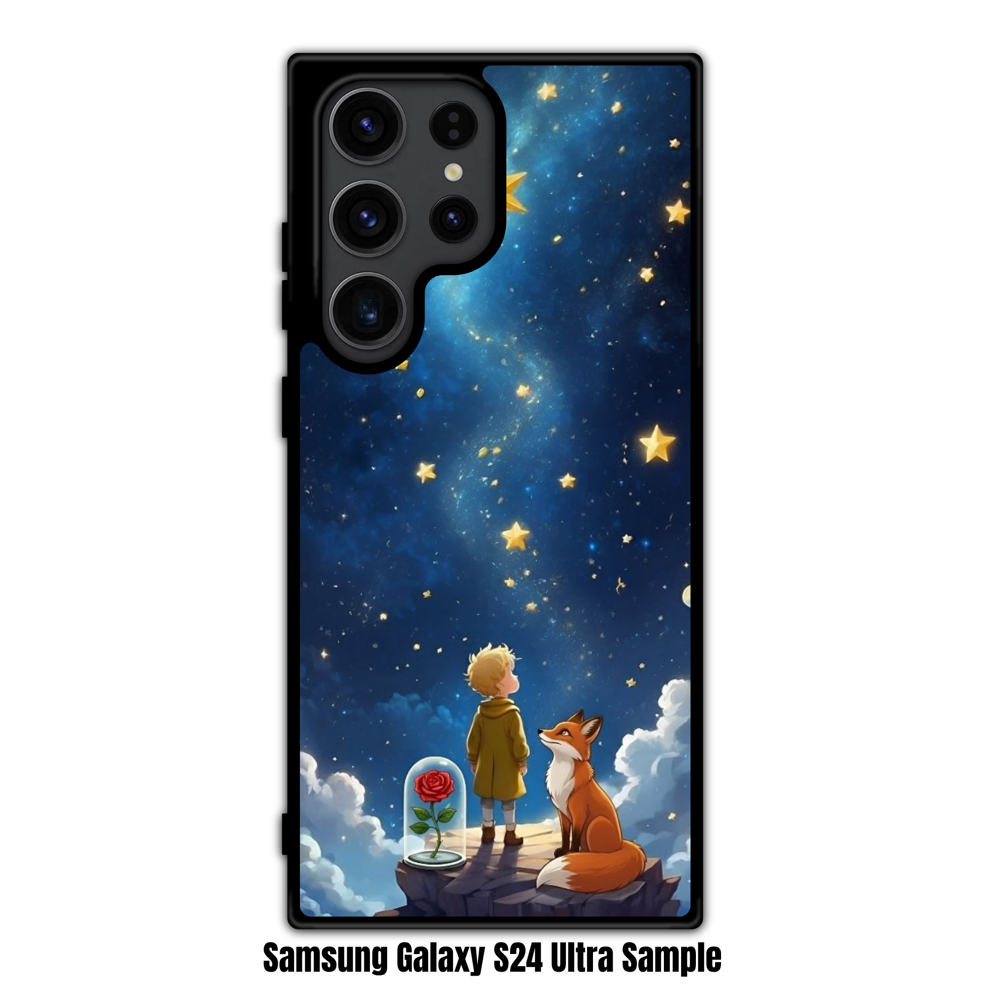 The Little Prince Phone Case For iPhone Samsung Galaxy Pixel - The Little Prince With Fox And Glass Dome Rose Looking Up At Golden Northern Star On Starry Night Background