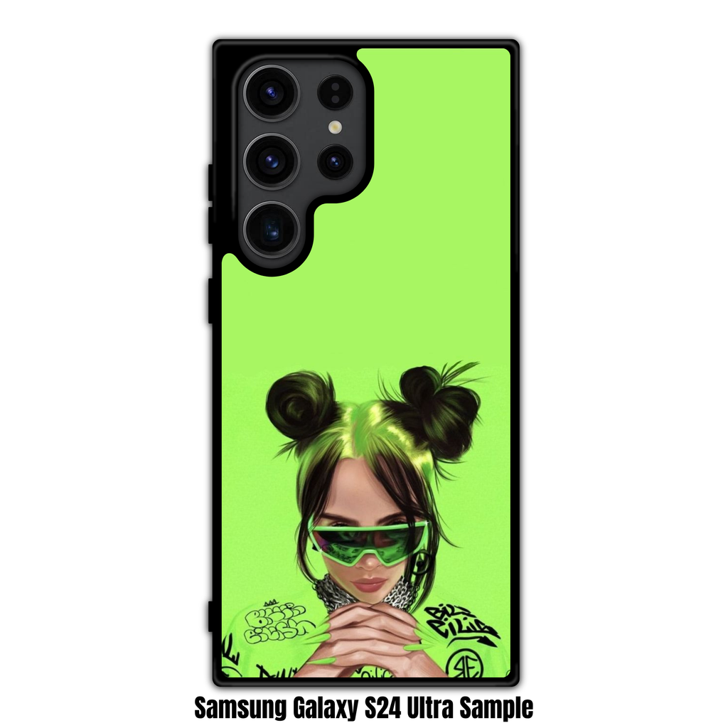 Billie Eilish Phone Case For iPhone Samsung Galaxy Pixel - Billie Eilish Illustration Wearing Green Sunglasses On Lime Green Background