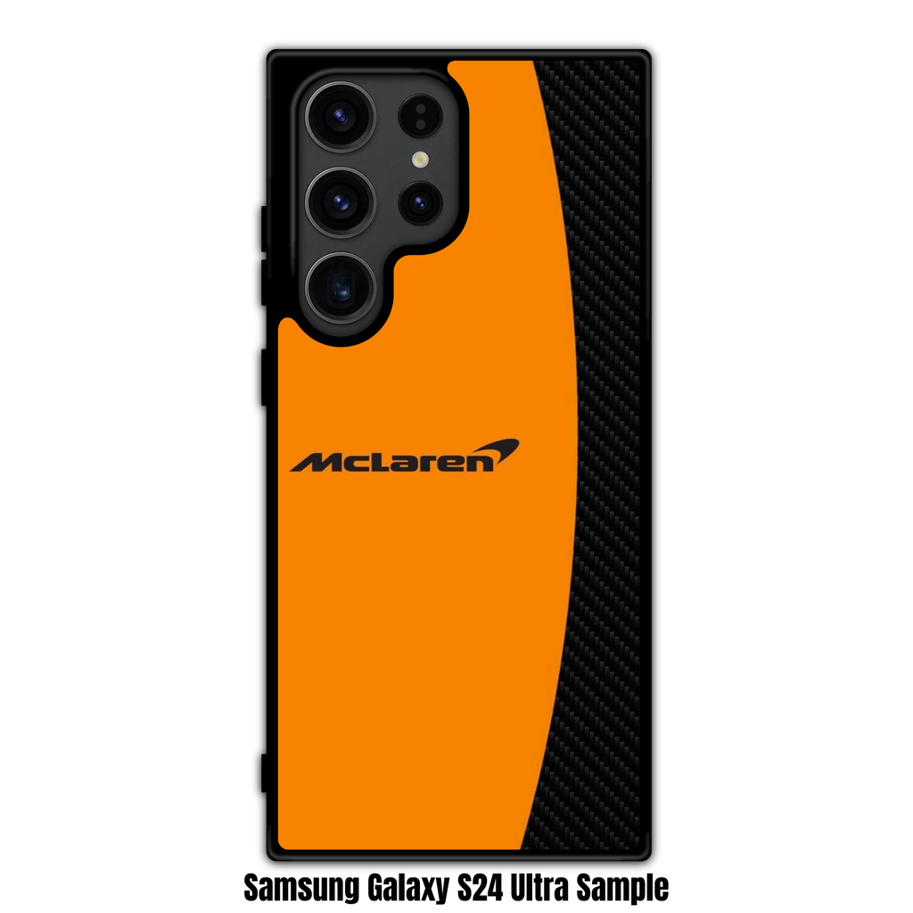 F1 Formula 1 McLaren Phone Case For iPhone Samsung Galaxy Pixel - McLaren Logo And Wordmark On Orange And Carbon Fiber Background