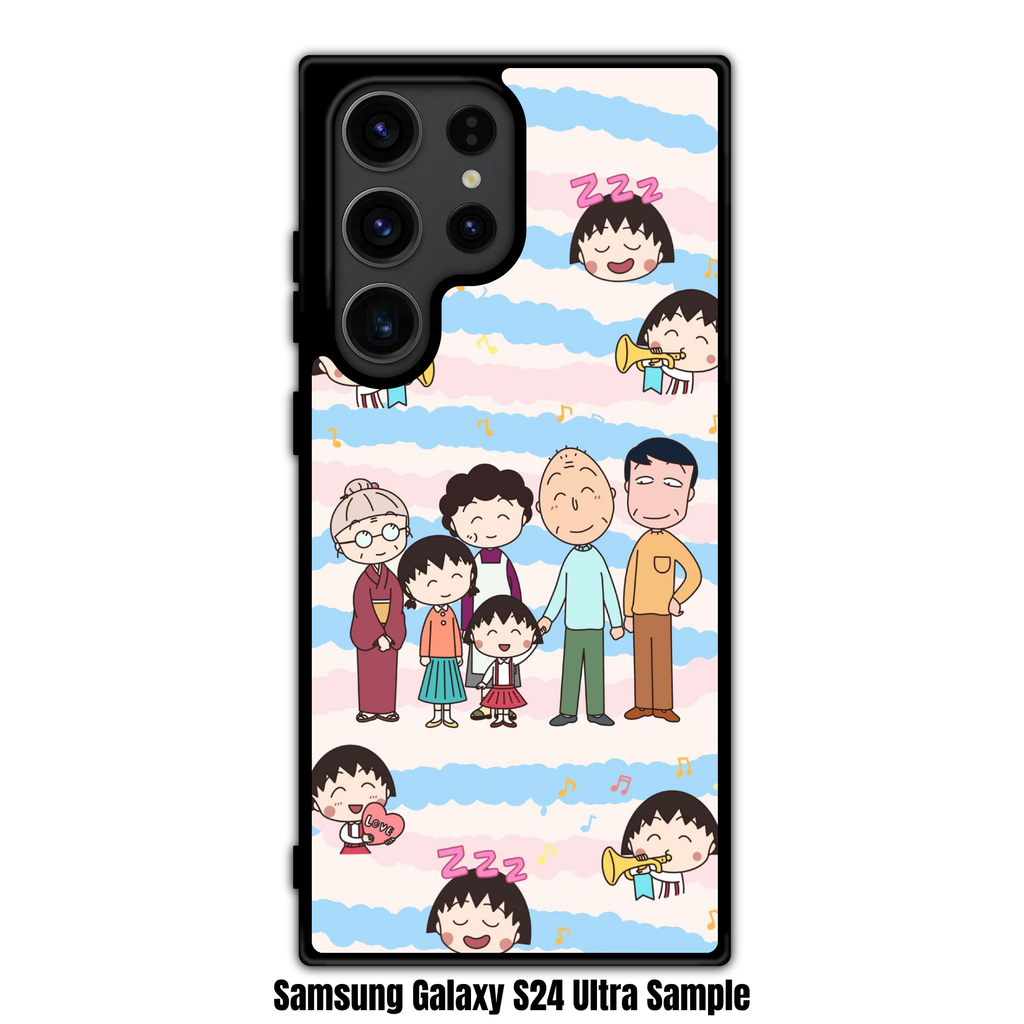 Chibi Maruko Chan Phone Case For iPhone Samsung Galaxy Pixel - Chibi Maruko Chan Full Family Portrait On Blue And Pink Striped Background