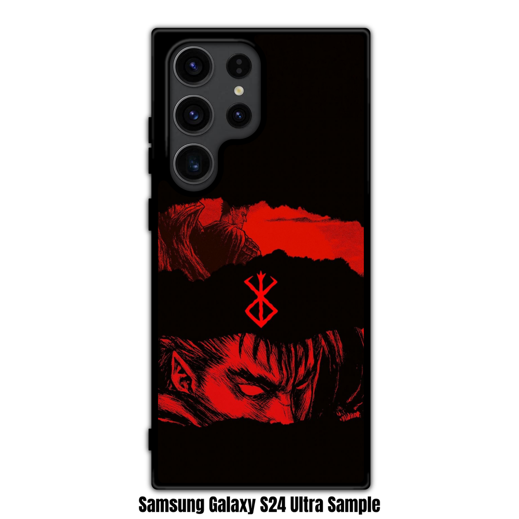 Berserk Guts Phone Case For iPhone Samsung Galaxy Pixel - Guts Looking Ahead Under Red Brand Of Sacrifice Symbol On Black Background