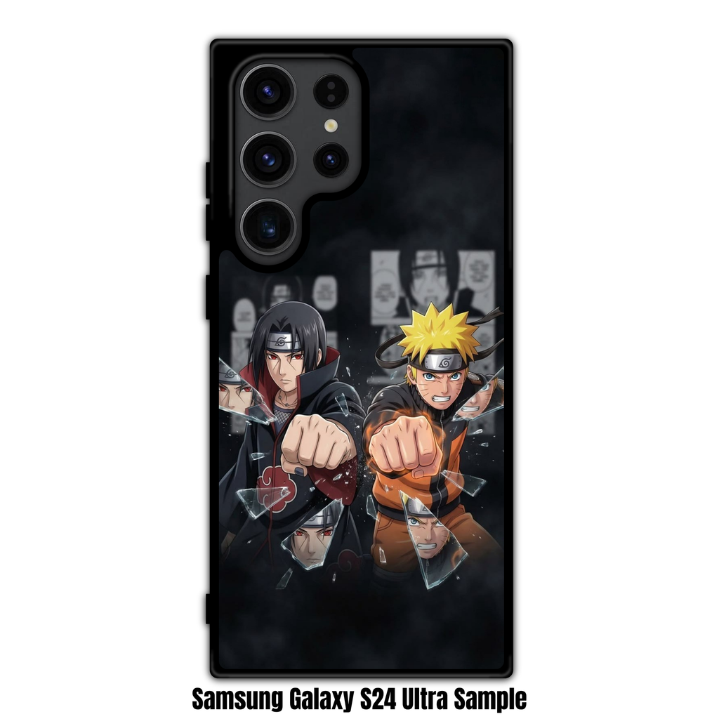 Naruto Phone Case For iPhone Samsung Galaxy Pixel - Itachi Uchiha And Naruto Uzumaki Punching Through Shattering Glass Over Manga Panels