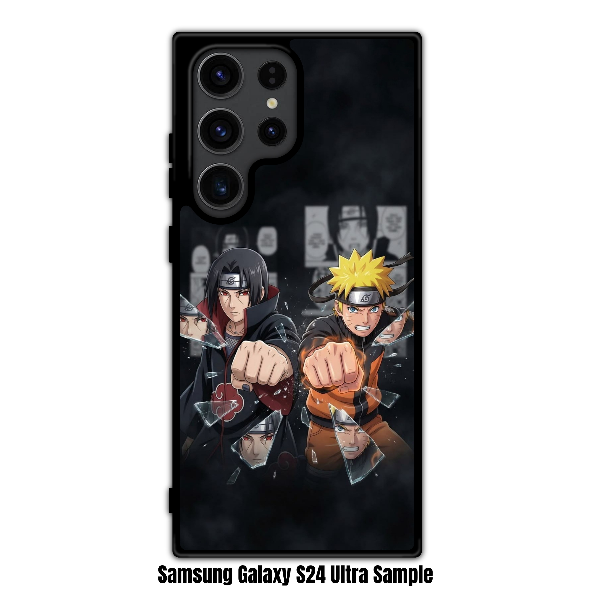 Naruto Phone Case For iPhone Samsung Galaxy Pixel - Itachi Uchiha And Naruto Uzumaki Punching Through Shattering Glass Over Manga Panels