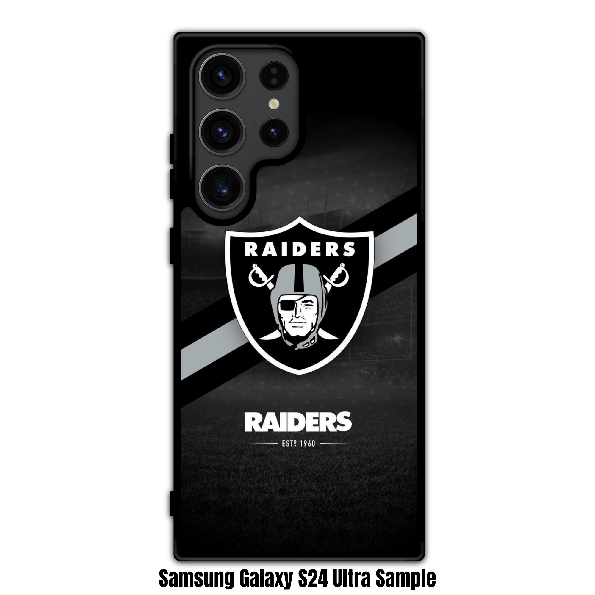NFL Las Vegas Raiders Phone Case For iPhone Samsung Galaxy Pixel - Las Vegas Raiders Logo And Diagonal Stripes On Stadium Background