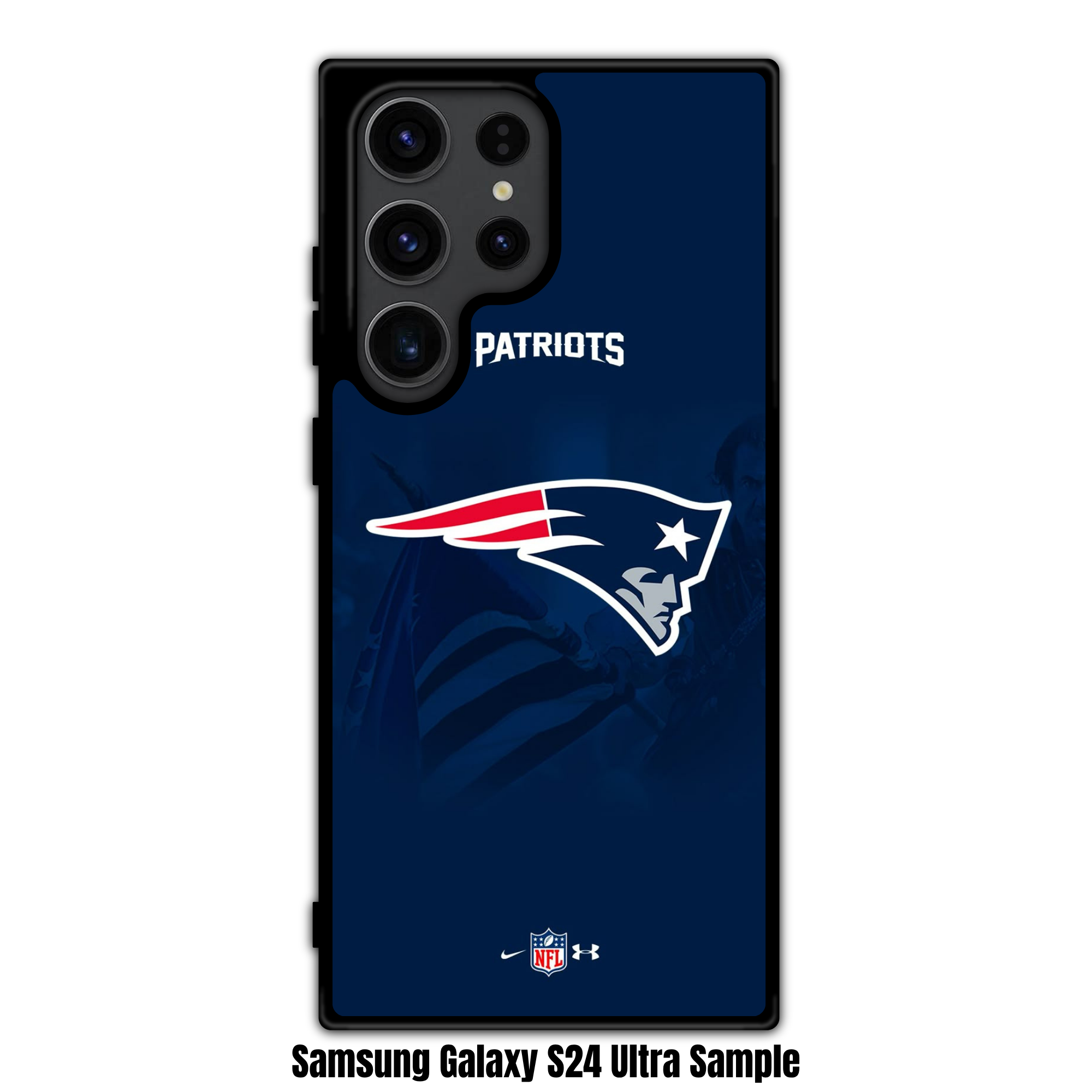NFL New England Patriots Phone Case For iPhone Samsung Galaxy Pixel - New England Patriots Logo And Wordmark On Navy Blue Background With NFL Nike And Under Armour Logos