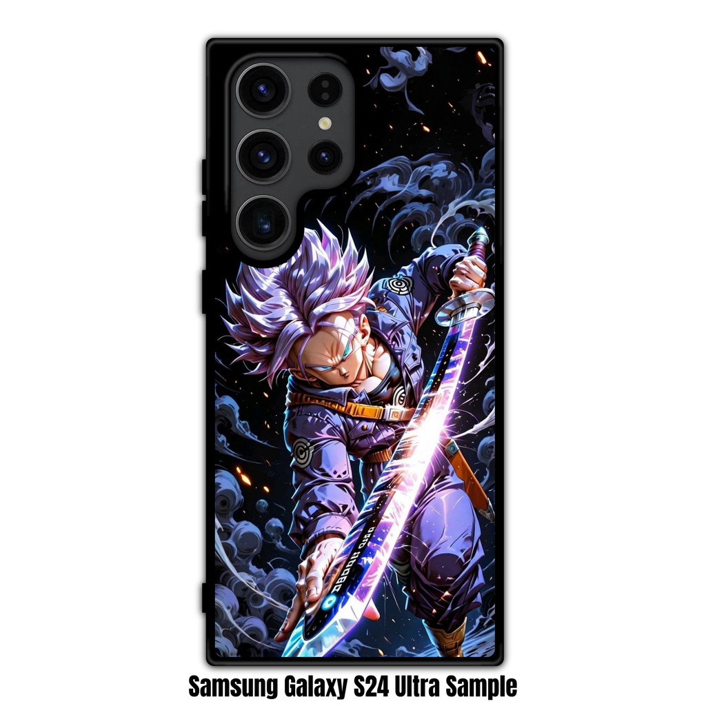Dragon Ball Trunks Phone Case For iPhone Samsung Galaxy Pixel - Super Saiyan Future Trunks Action Art With Glowing Energy Sword On Black Background With Grey Smoke And Embers