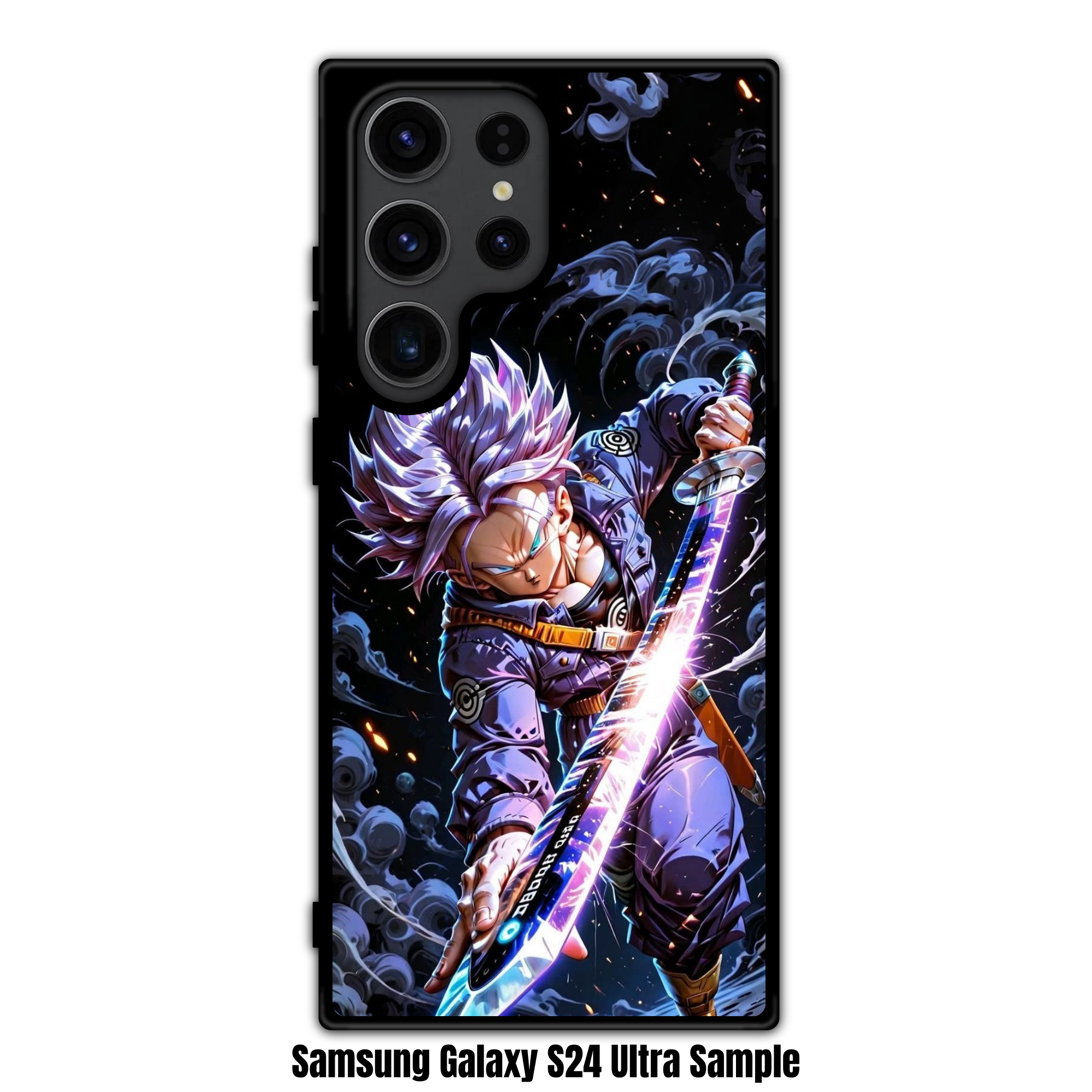 Dragon Ball Trunks Phone Case For iPhone Samsung Galaxy Pixel - Super Saiyan Future Trunks Action Art With Glowing Energy Sword On Black Background With Grey Smoke And Embers