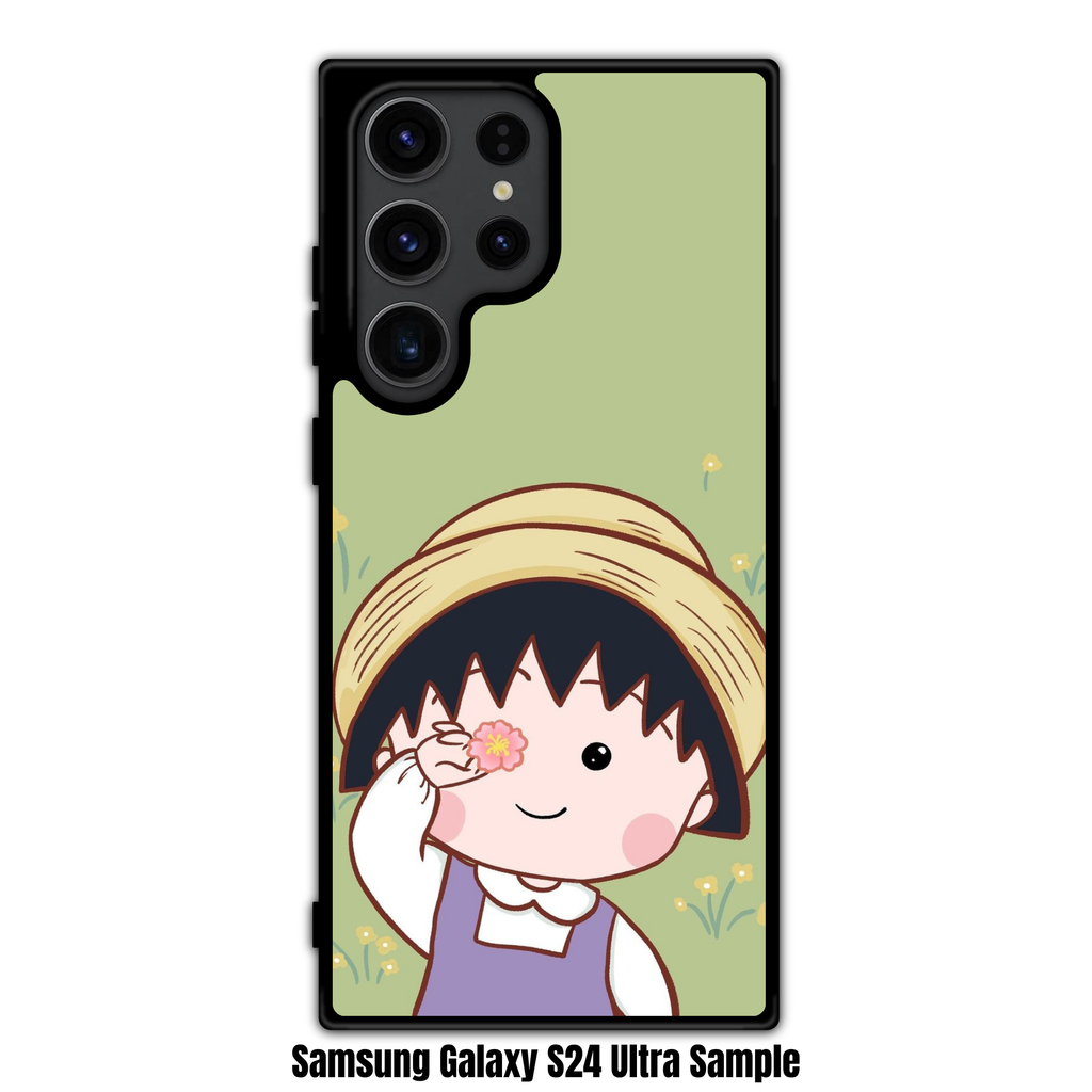 Chibi Maruko Chan Phone Case For iPhone Samsung Galaxy Pixel - Chibi Maruko Chan Holding Pink Blossom On Matcha Green Background