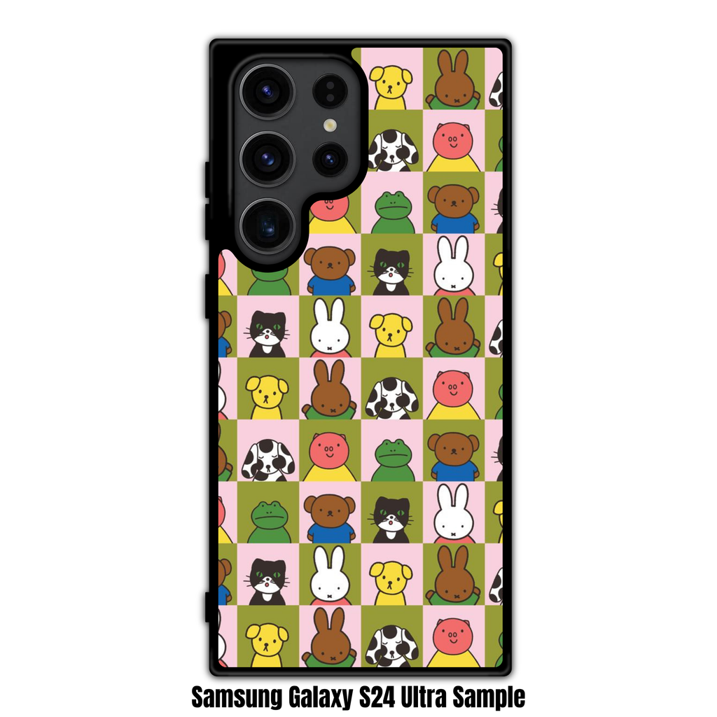 Miffy Phone Case For iPhone Samsung Galaxy Pixel - Miffy And Friends Checkerboard Pattern In Pink And Olive Green Background