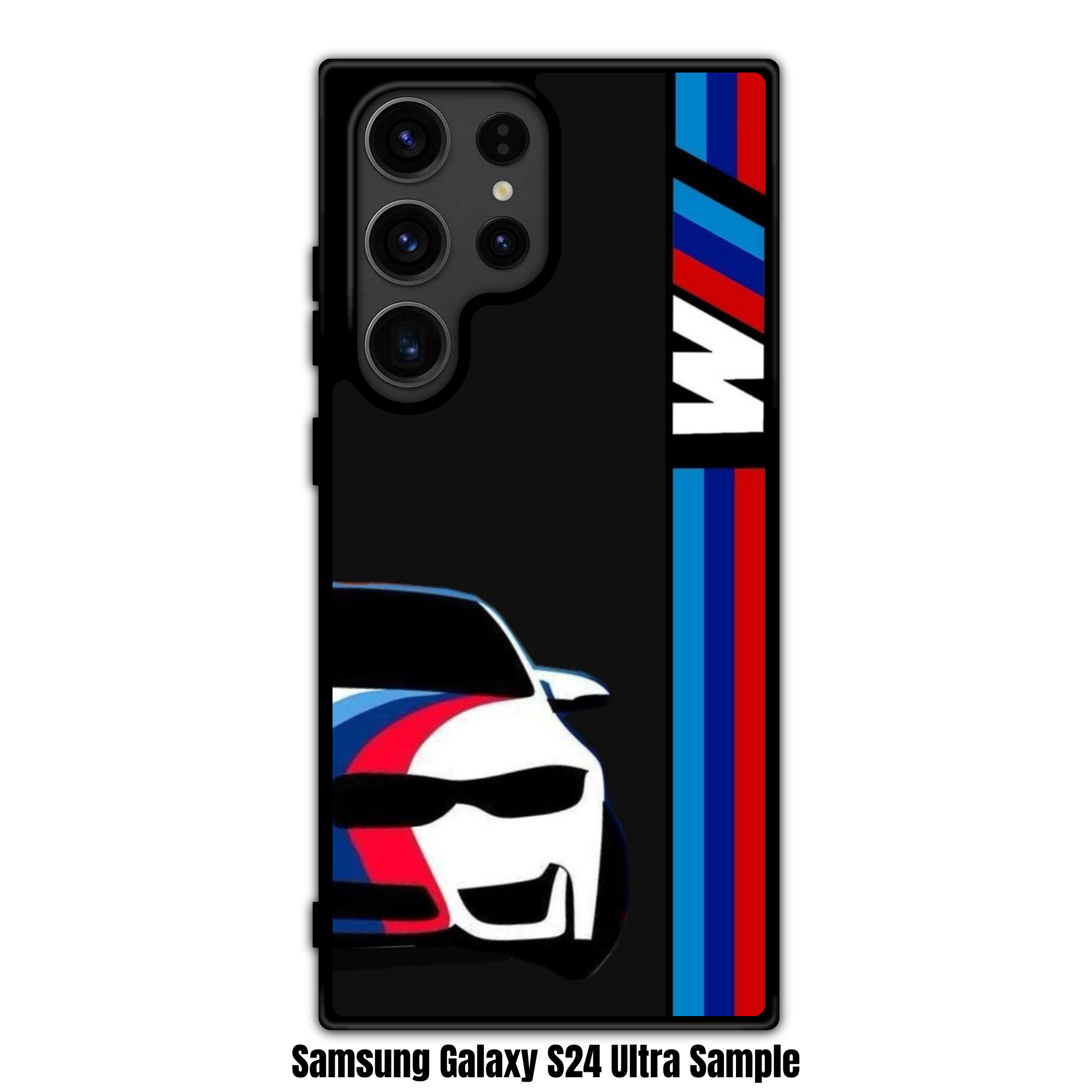 BMW Phone Case For iPhone Samsung Galaxy Pixel - BMW M4 Outlined Car And Vertical M Stripes On Black Background