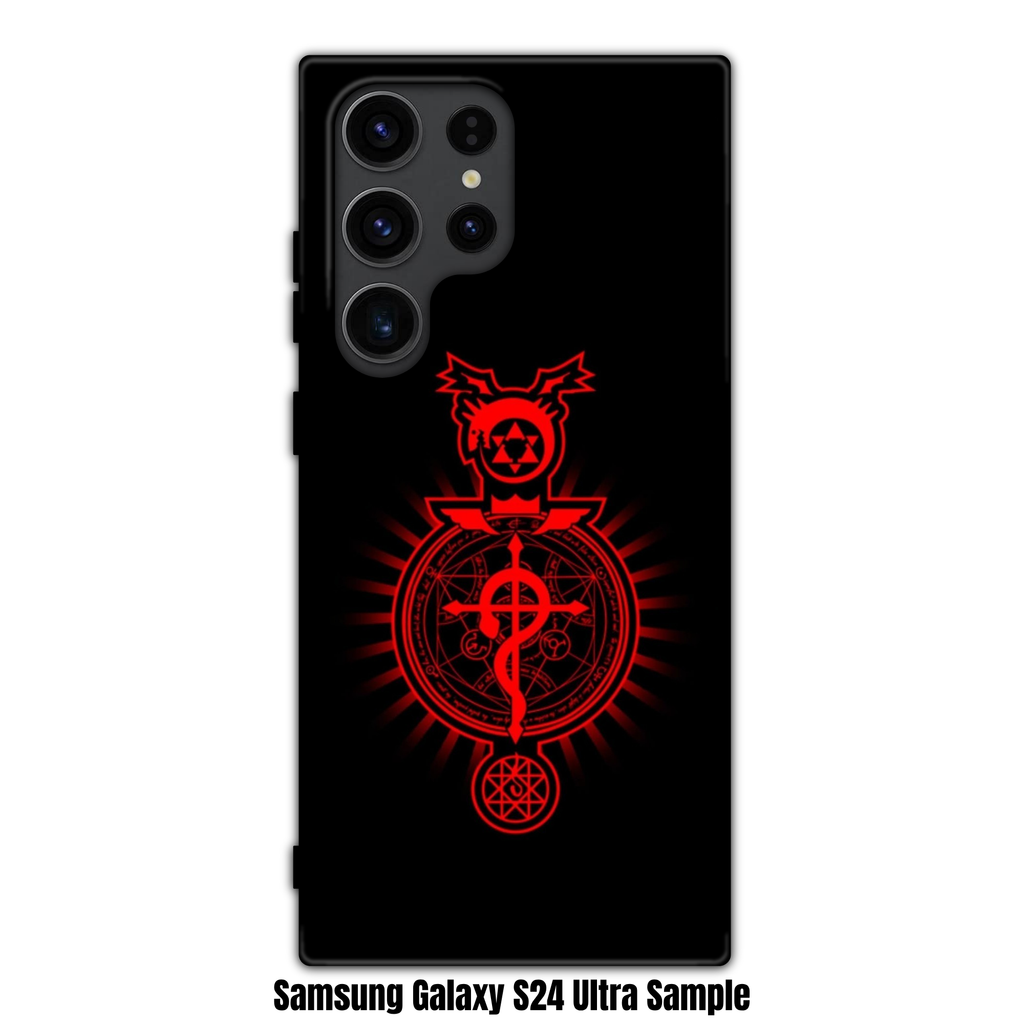 Fullmetal Alchemist Phone Case For iPhone Samsung Galaxy Pixel - Glowing Red Flamel And Transmutation Circle Symbols On Black Background