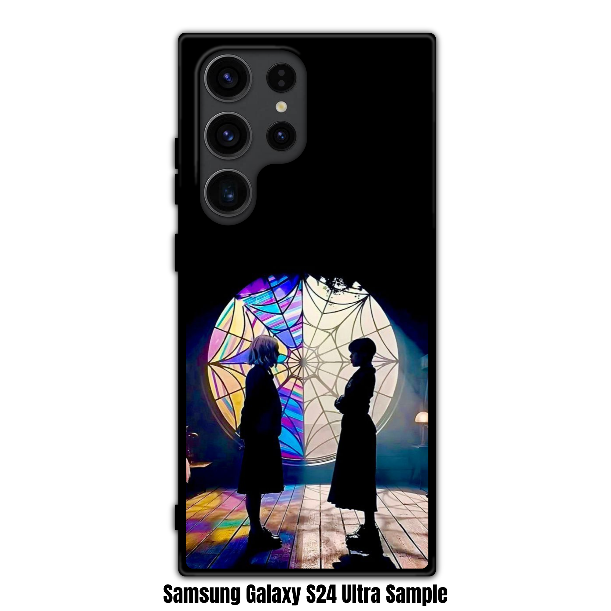 Wednesday Phone Case For iPhone Samsung Galaxy Pixel - Wednesday Addams And Enid Sinclair In Front Of Spiderweb Stained Glass Window Poster