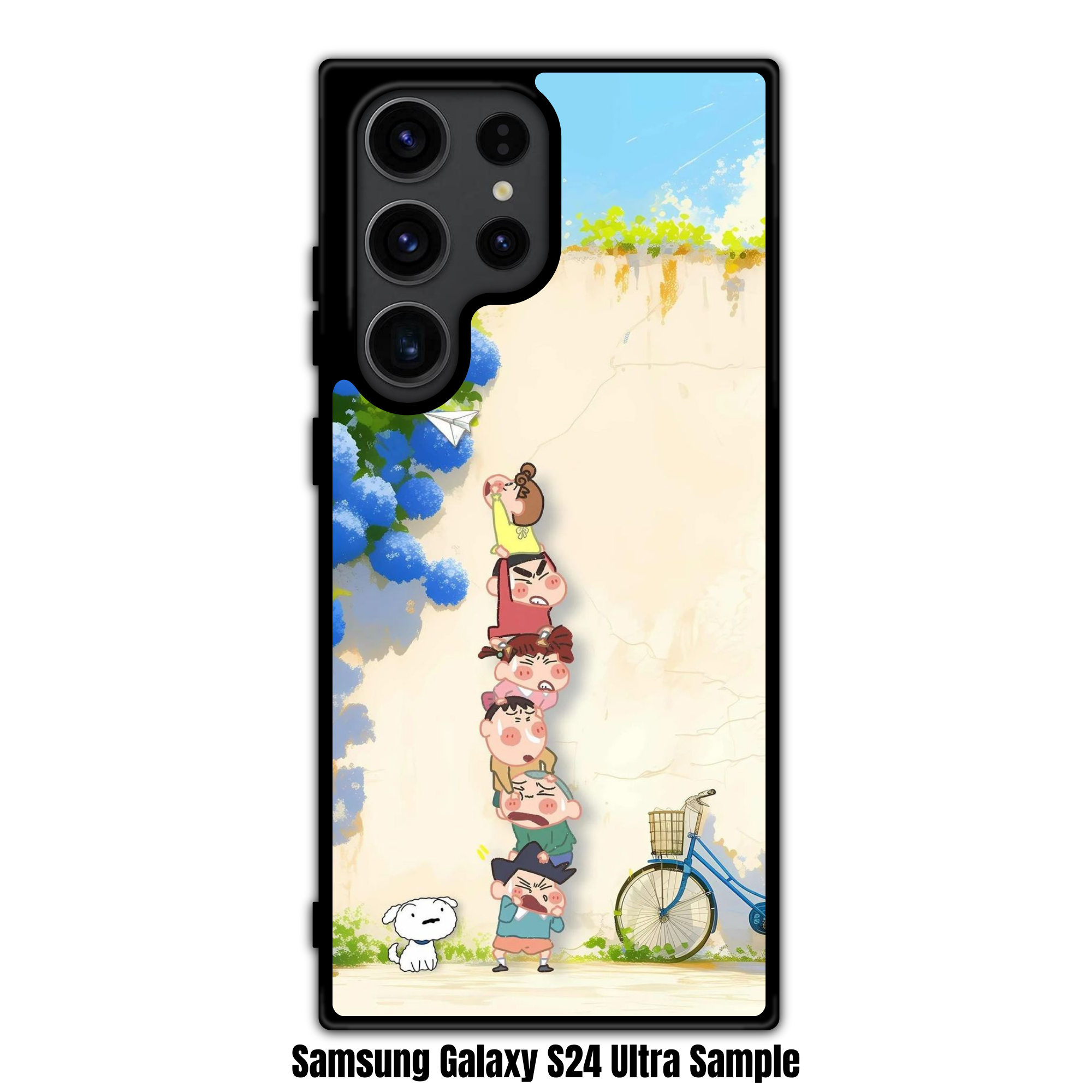 Crayon Shin Chan Phone Case For iPhone Samsung Galaxy Pixel - Crayon Shin Chan Characters Tower With Hydrangeas On Warm Ivory Backdrop