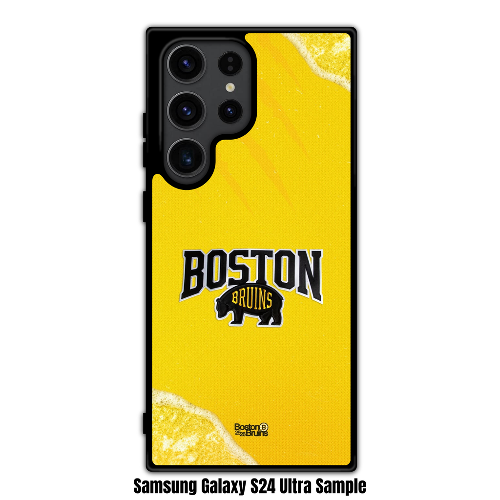 NHL Boston Bruins Phone Case For iPhone Samsung Galaxy Pixel - Boston Bruins Bear Logo And Wordmark On Yellow Mesh Texture Background