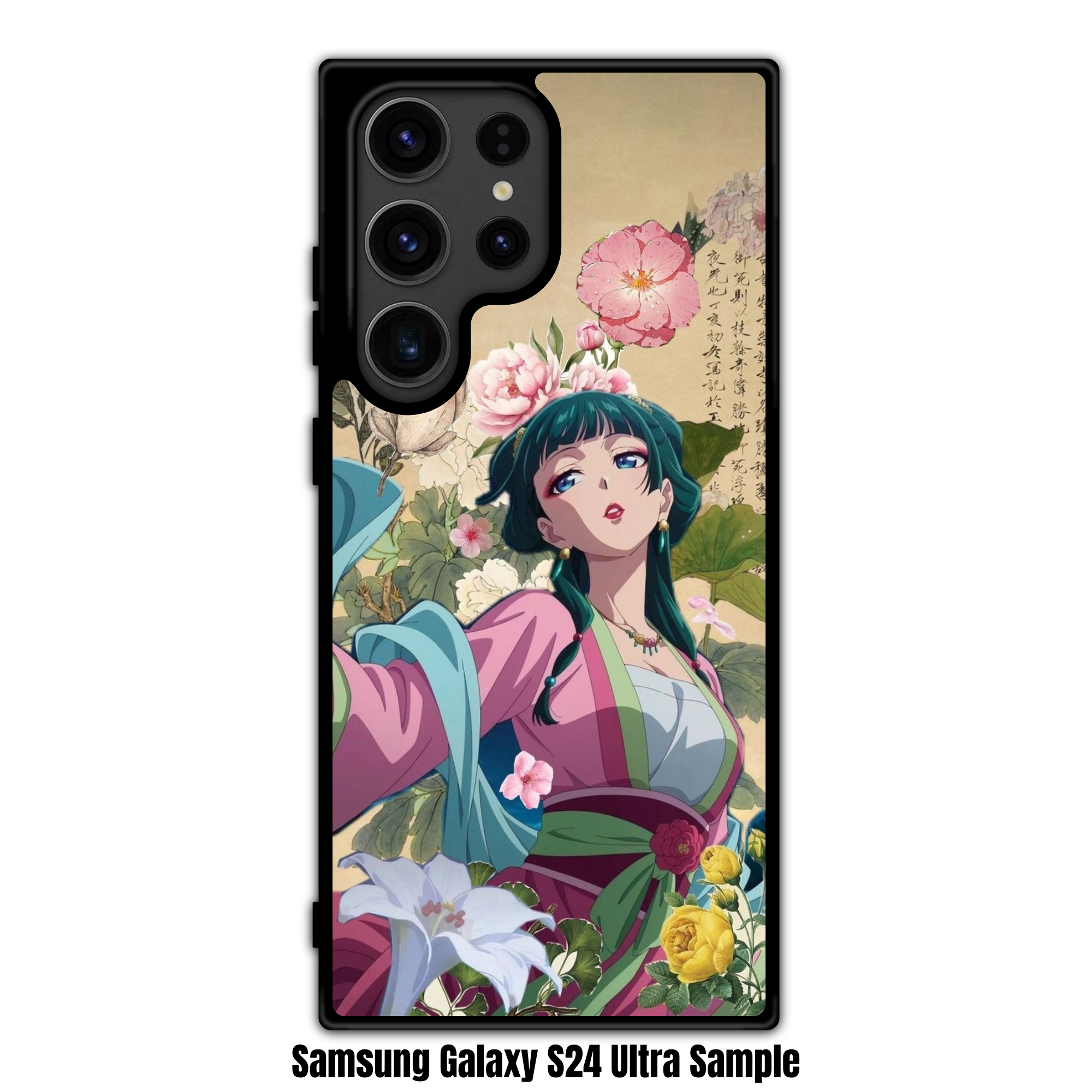 The Apothecary Diaries Maomao Phone Case For iPhone Samsung Galaxy Pixel - Maomao In A Pink Dress Surrounded By Peonies On A Parchment Paper Background