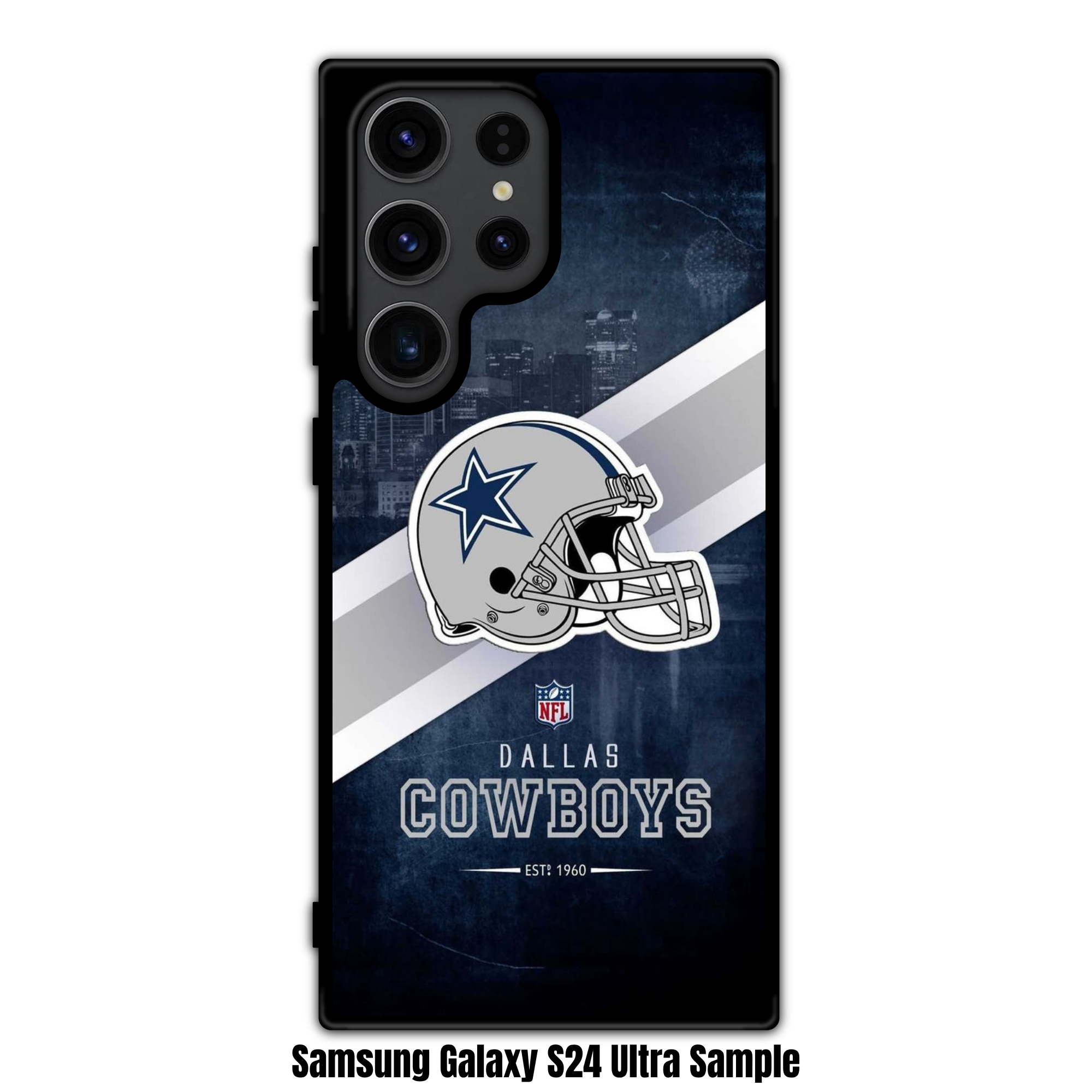 NFL Dallas Cowboys Phone Case For iPhone Samsung Galaxy Pixel - Dallas Cowboys Helmet And Diagonal Stripe On Cityscape Background