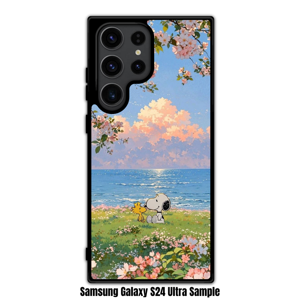 Peanuts Snoopy Phone Case For iPhone Samsung Galaxy Pixel - Peanuts Snoopy And Woodstock Sitting In Flower Field Under Cherry Blossoms With Blue Ocean And Sunset Cloud Background