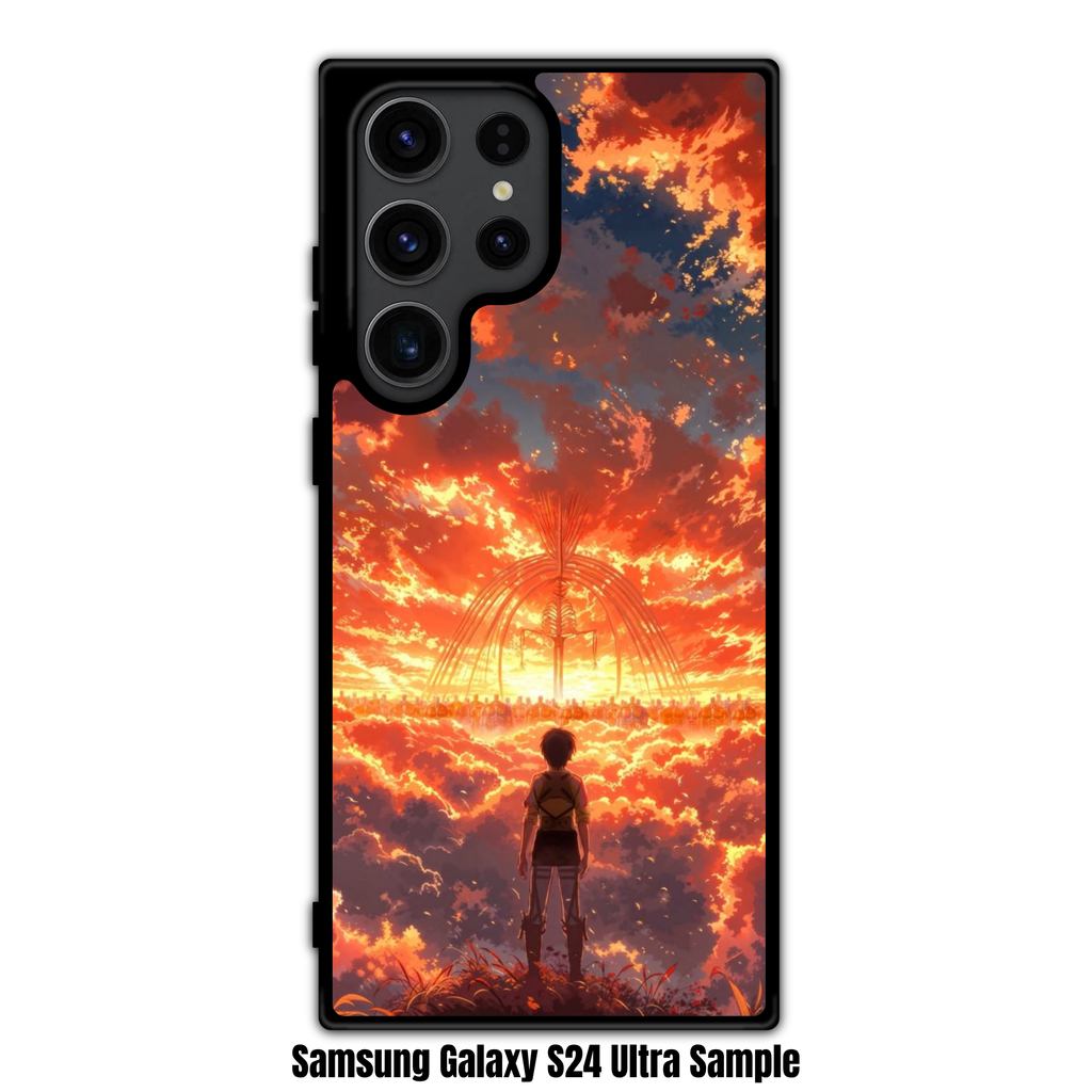 Attack on Titan Eren Phone Case For iPhone Samsung Galaxy Pixel - Eren Yeager Facing Founding Titan Under Orange Sky Background