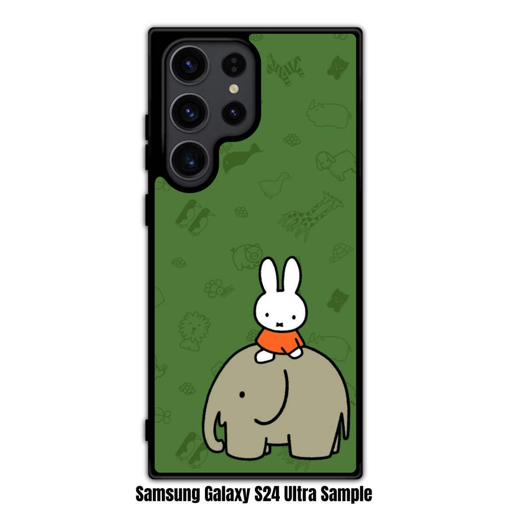 Miffy Phone Case For iPhone Samsung Galaxy Pixel - Miffy Riding Elephant With Animal Sketches Pattern In Green Background