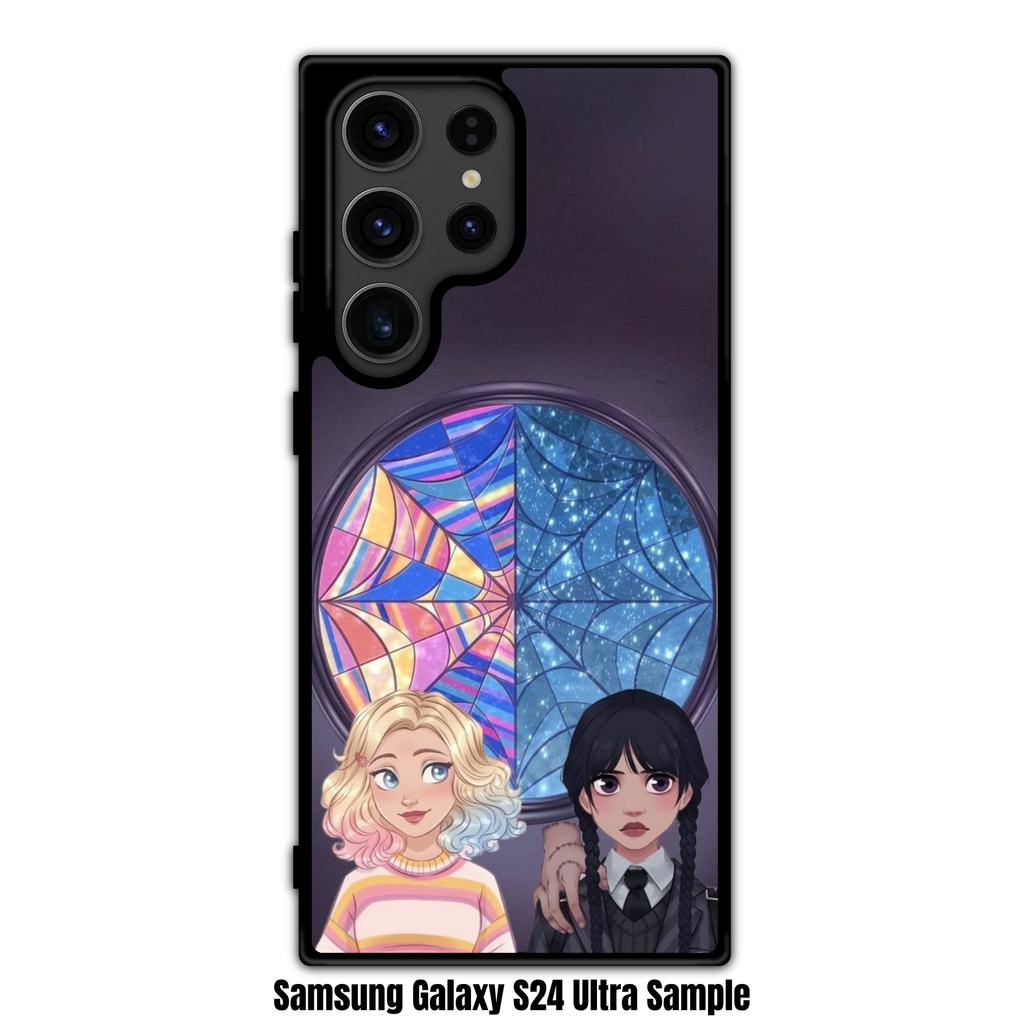 Wednesday Phone Case For iPhone Samsung Galaxy Pixel - Wednesday Addams And Enid Sinclair In Front Of Spiderweb Window Illustration Art