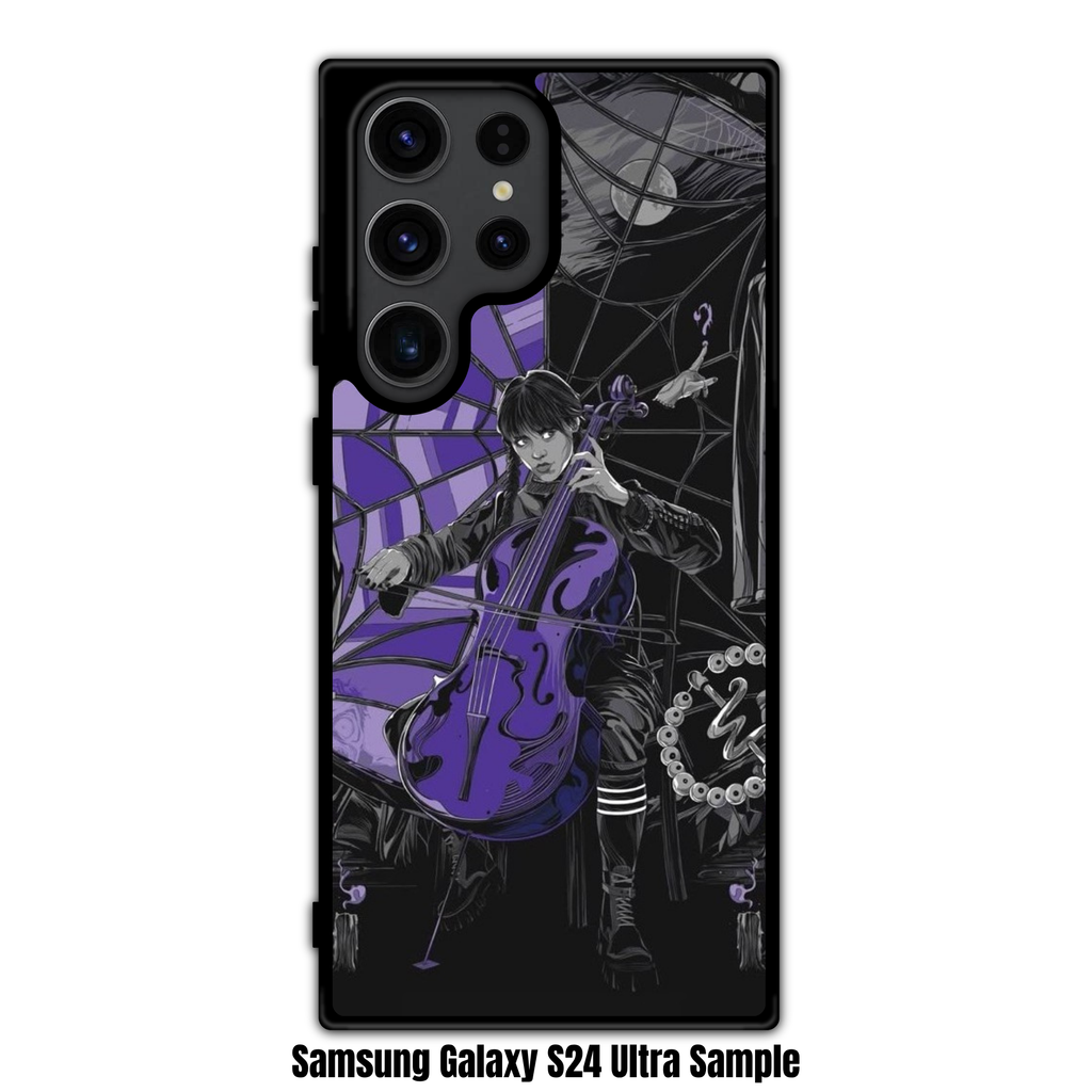 Wednesday Phone Case For iPhone Samsung Galaxy Pixel - Wednesday Addams Playing Purple Cello In Front Of Spiderweb Window Poster