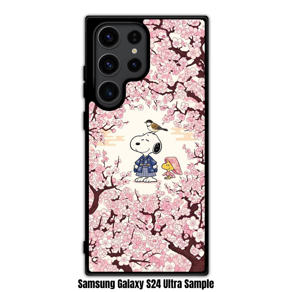 Peanuts Snoopy Phone Case For iPhone Samsung Galaxy Pixel - Peanuts Snoopy In A Blue Kimono And Woodstock Under Pink Cherry Blossoms Background
