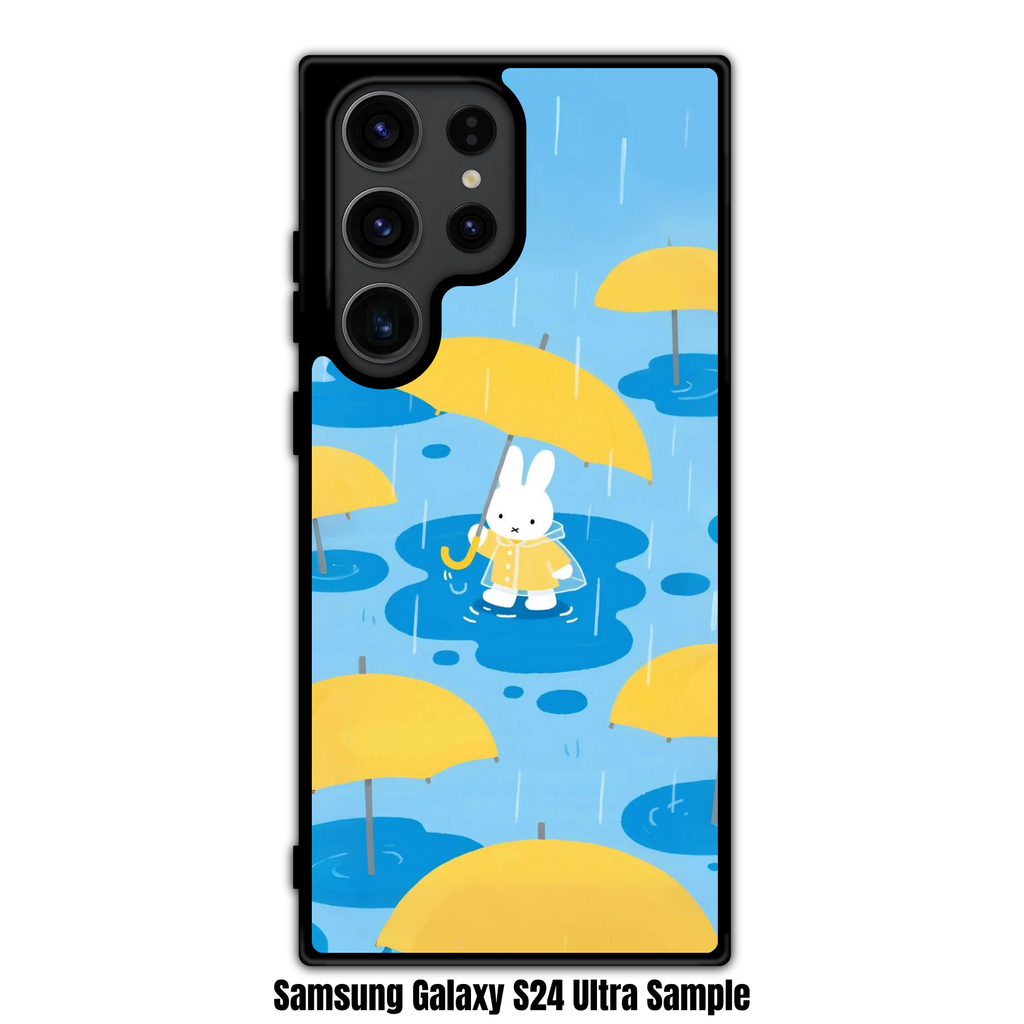 Miffy Phone Case For iPhone Samsung Galaxy Pixel - Miffy In Raincoat With Yellow Umbrellas In Light Blue Background