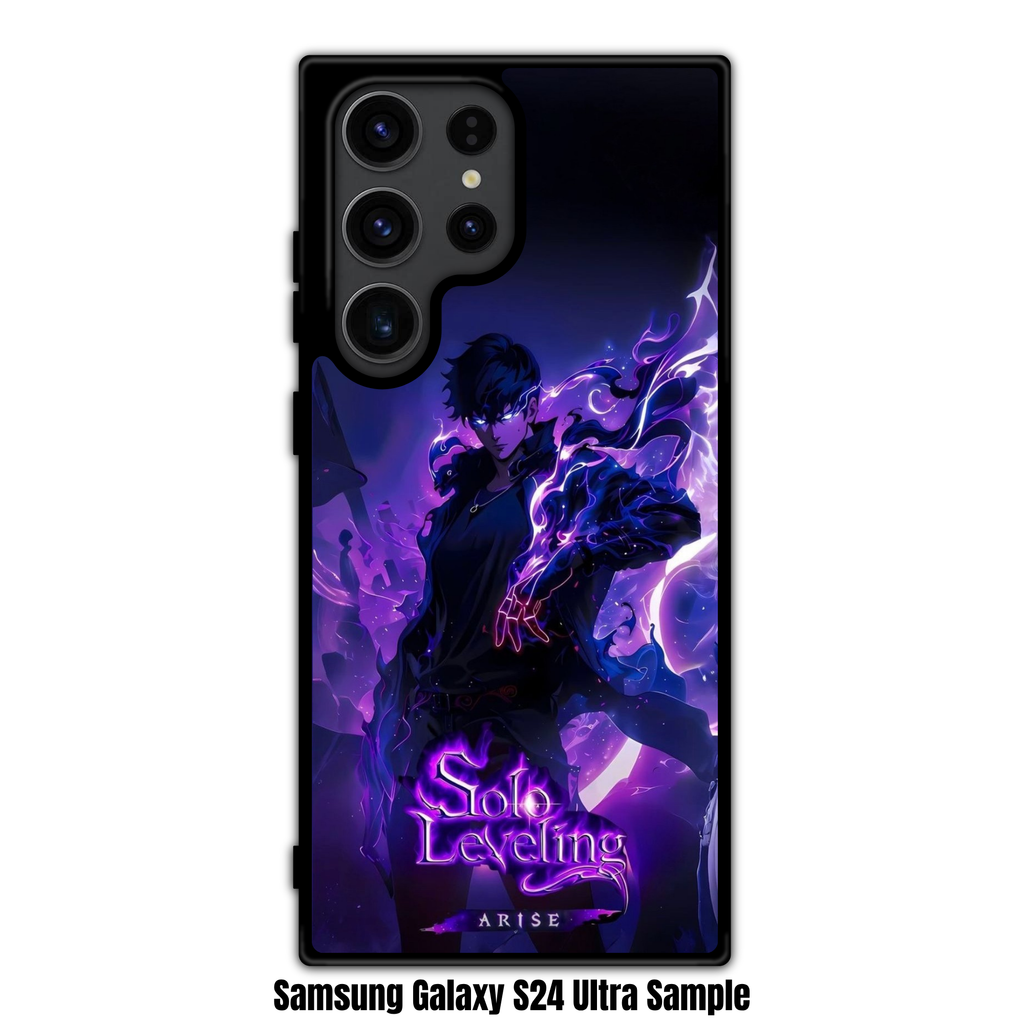 Solo Leveling Sung Jin woo Phone Case For iPhone Samsung Galaxy Pixel - Sung Jin woo With Purple Aura And Solo Leveling Arise Text On Black Background
