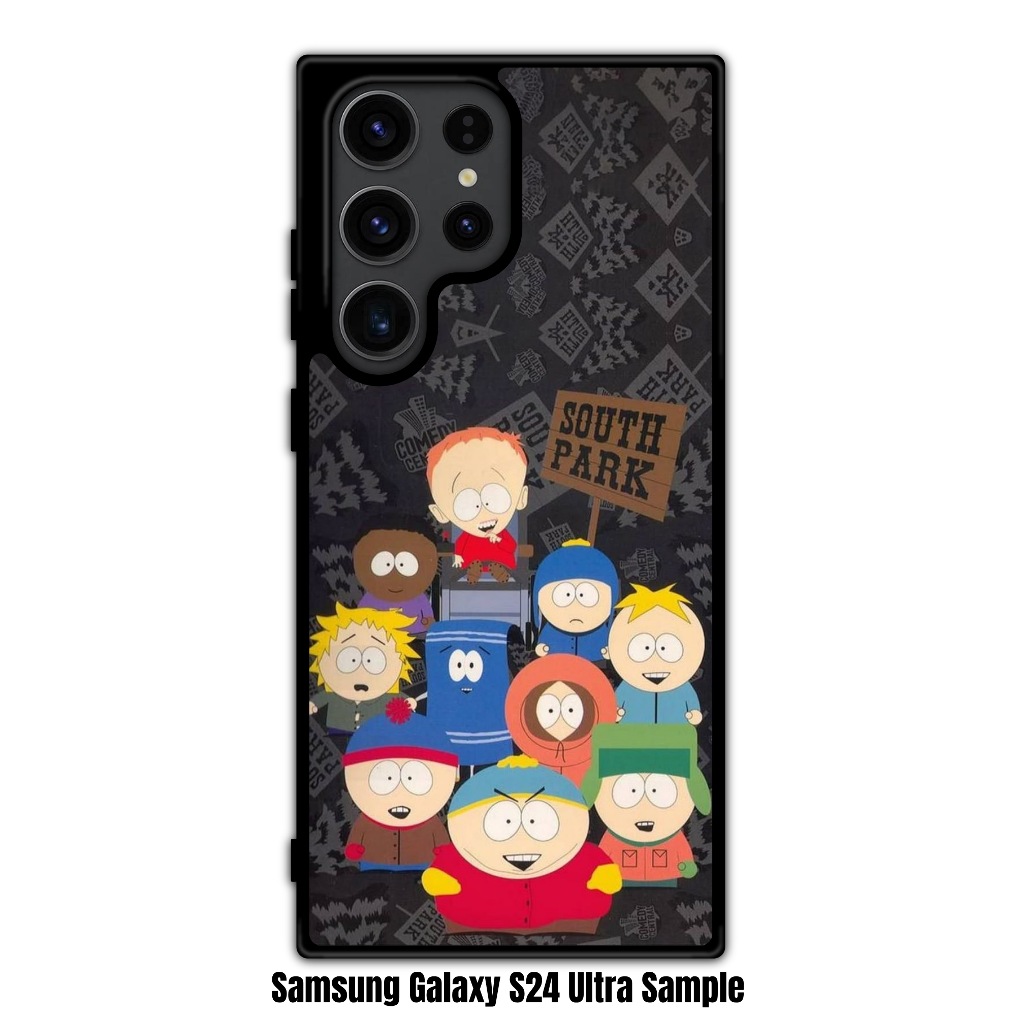 South Park Phone Case For iPhone Samsung Galaxy Pixel - South Park Characters On Charcoal Gray Monogram Pattern Background
