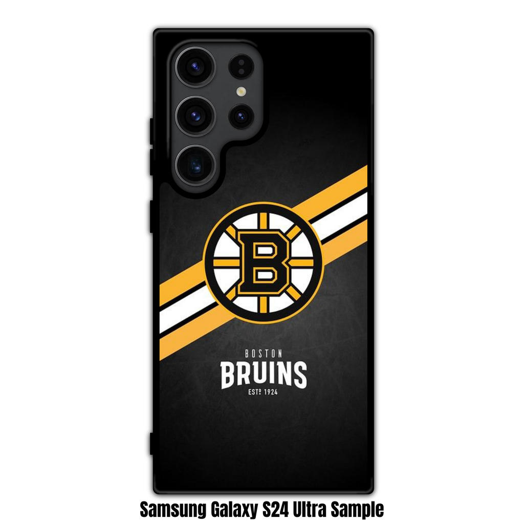 NHL Boston Bruins Phone Case For iPhone Samsung Galaxy Pixel - Boston Bruins Logo And Diagonal Stripes On Textured Black Background