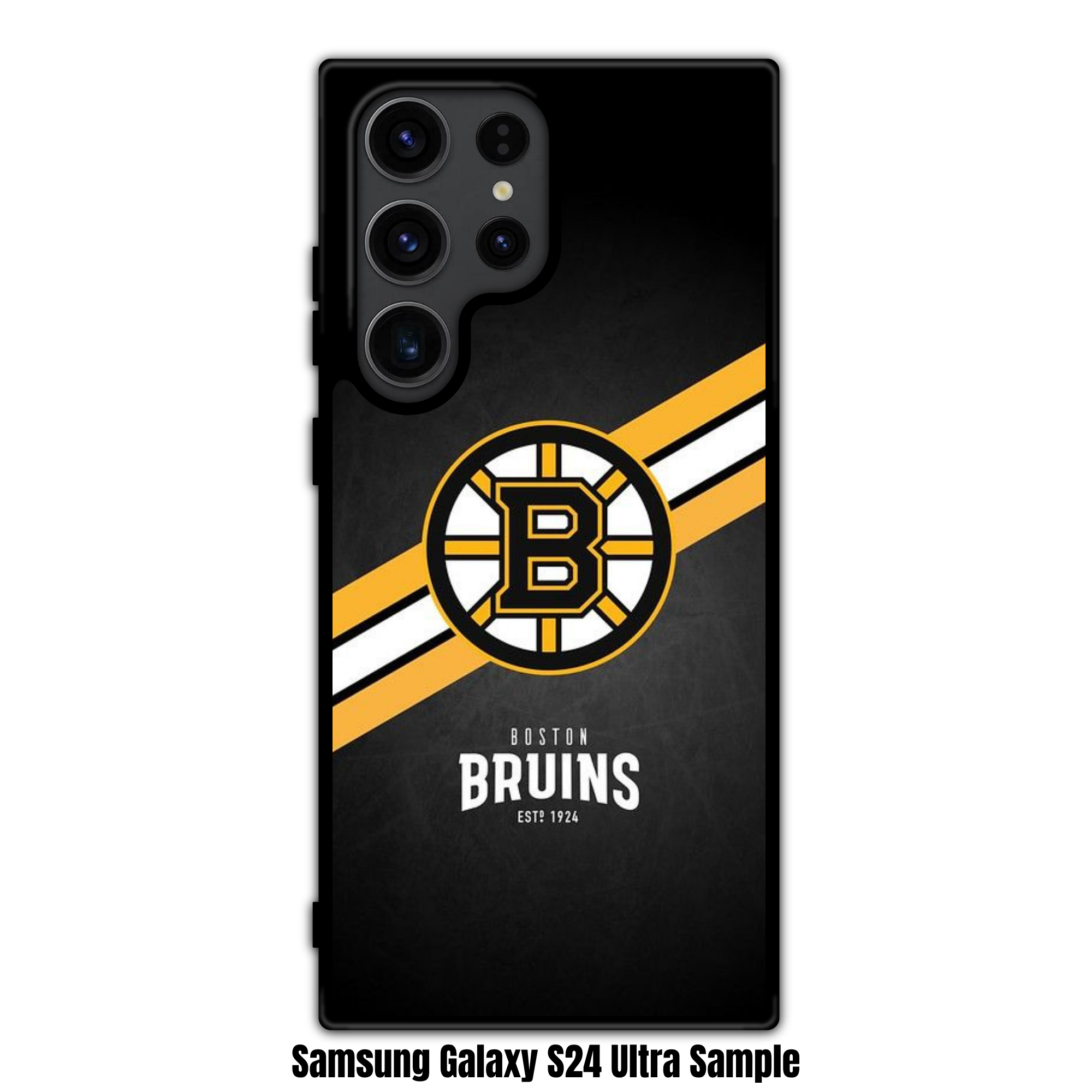 NHL Boston Bruins Phone Case For iPhone Samsung Galaxy Pixel - Boston Bruins Logo And Diagonal Stripes On Textured Black Background