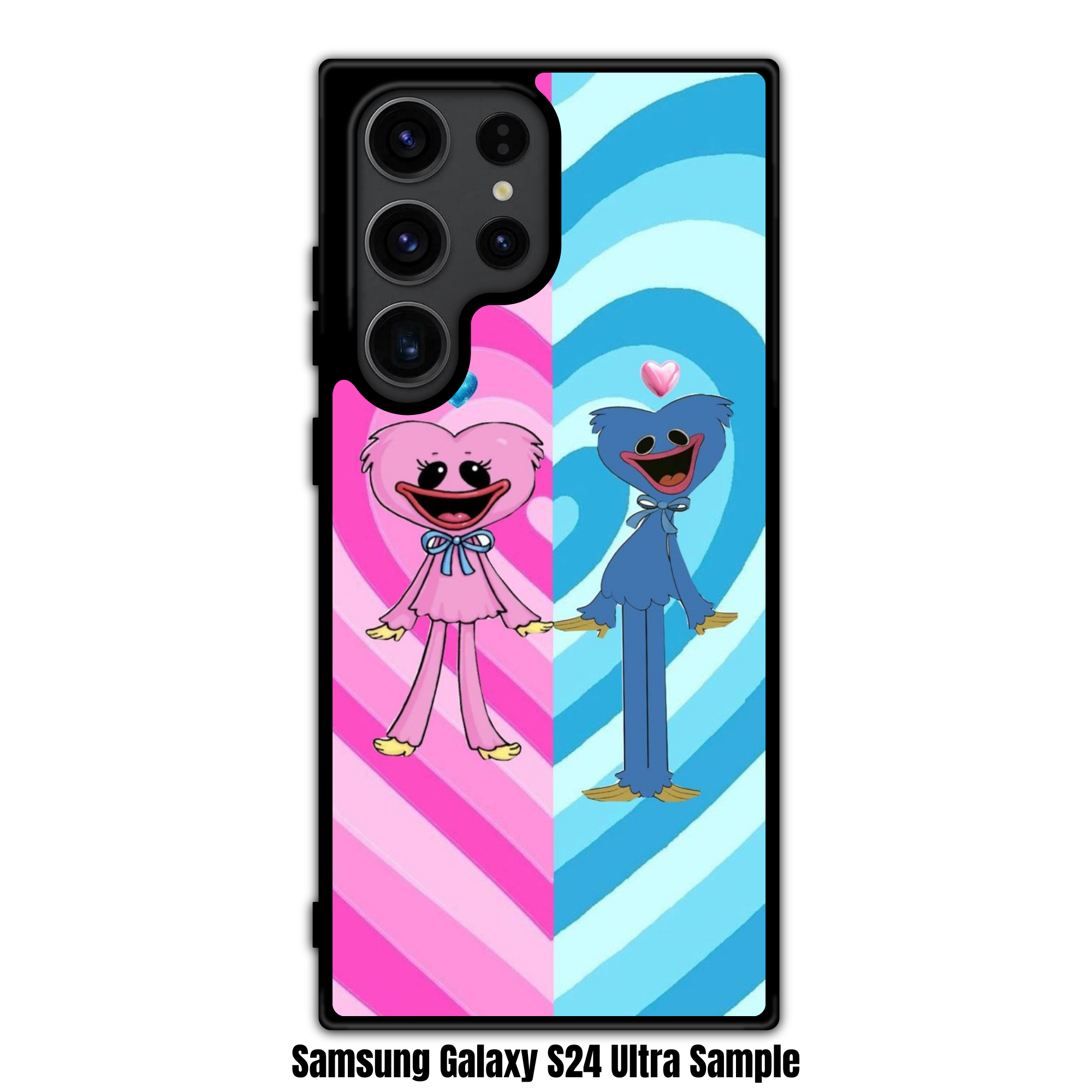 Poppy Playtime Phone Case For iPhone Samsung Galaxy Pixel - Huggy Wuggy And Kissy Missy On Pink And Blue Heart Background