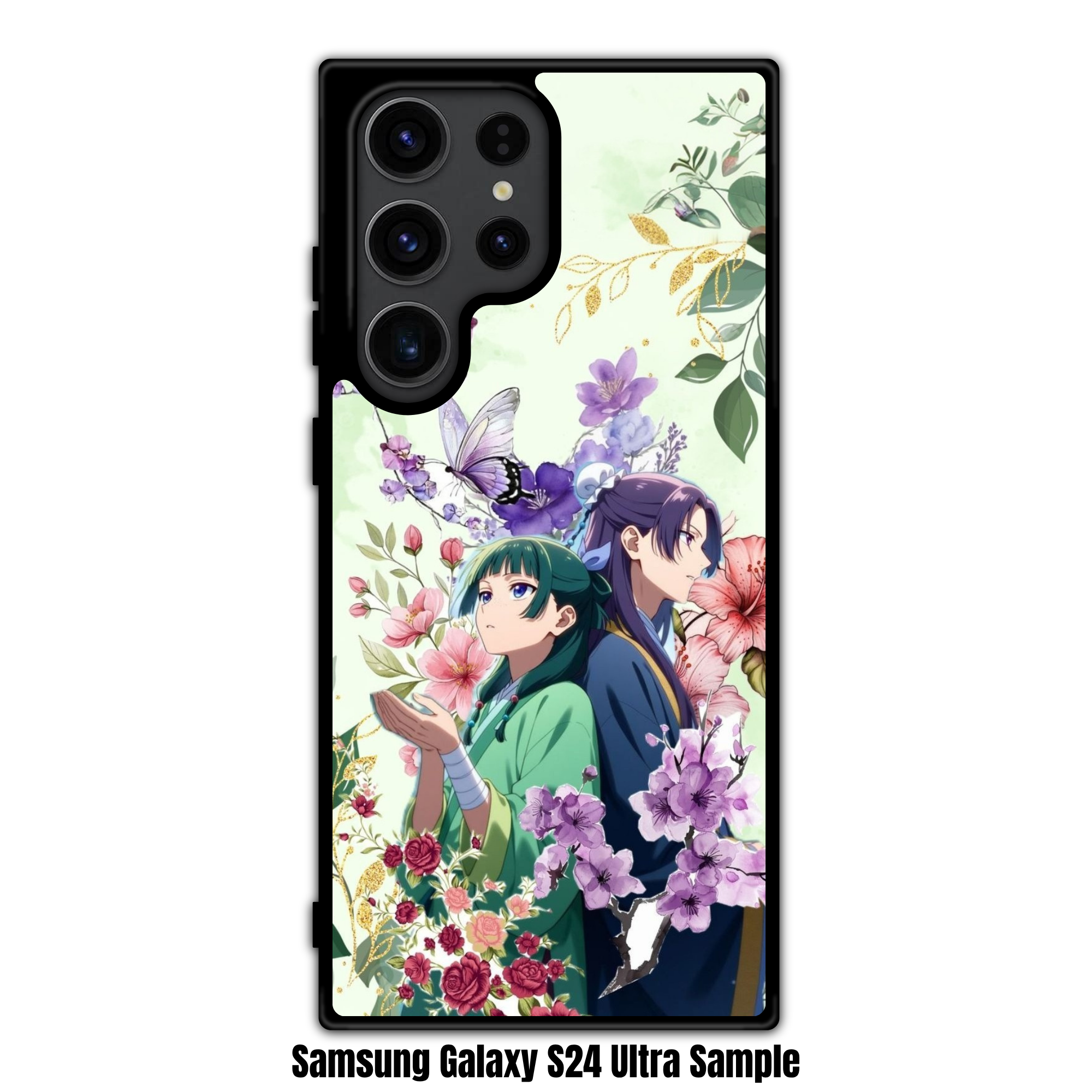 The Apothecary Diaries Phone Case For iPhone Samsung Galaxy Pixel - Maomao And Jinshi Back To Back Surrounded By Butterflies And Various Flowers On Light Green Background
