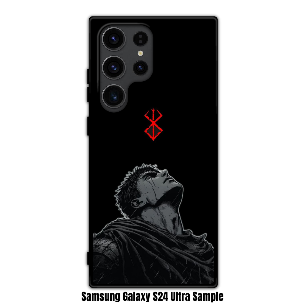 Berserk Guts Phone Case For iPhone Samsung Galaxy Pixel - Guts Looking Up At Red Brand Of Sacrifice Symbol On Black Background