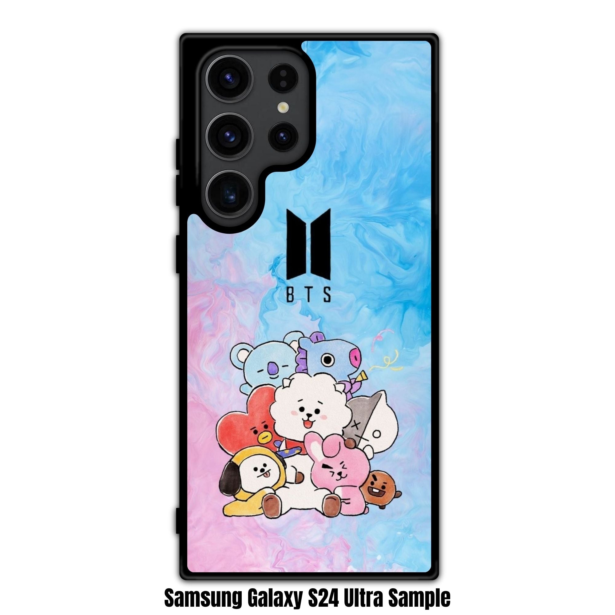 BTS Phone Case For iPhone Samsung Galaxy Pixel - BTS Logo And BT21 Characters On Blue Pink Fluid Art Background