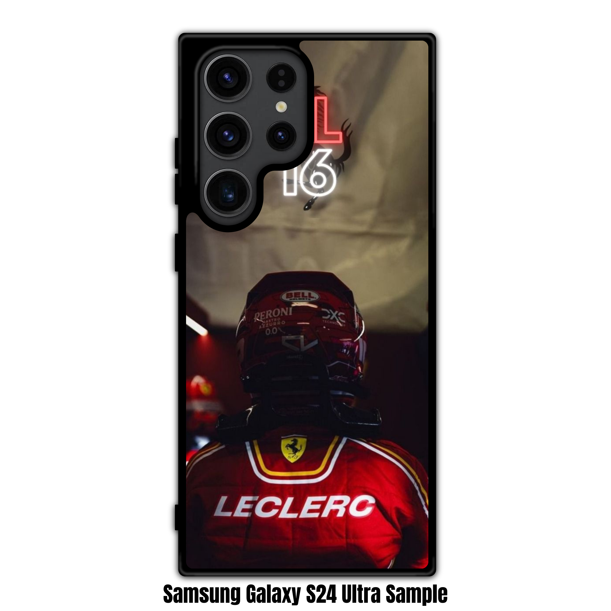 F1 Formula 1 Charles Leclerc Phone Case For iPhone Samsung Galaxy Pixel - Charles Leclerc Back Portrait And Neon CL16 Logo On Dark Ferrari Background