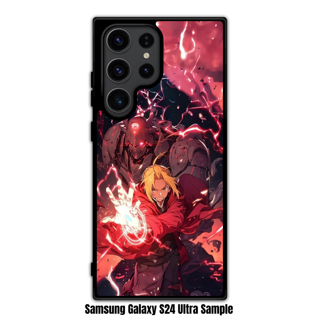 Fullmetal Alchemist Phone Case For iPhone Samsung Galaxy Pixel - Edward Elric Performing Alchemy With Alphonse Elric And Red Lightning Energy On Dark Red Background