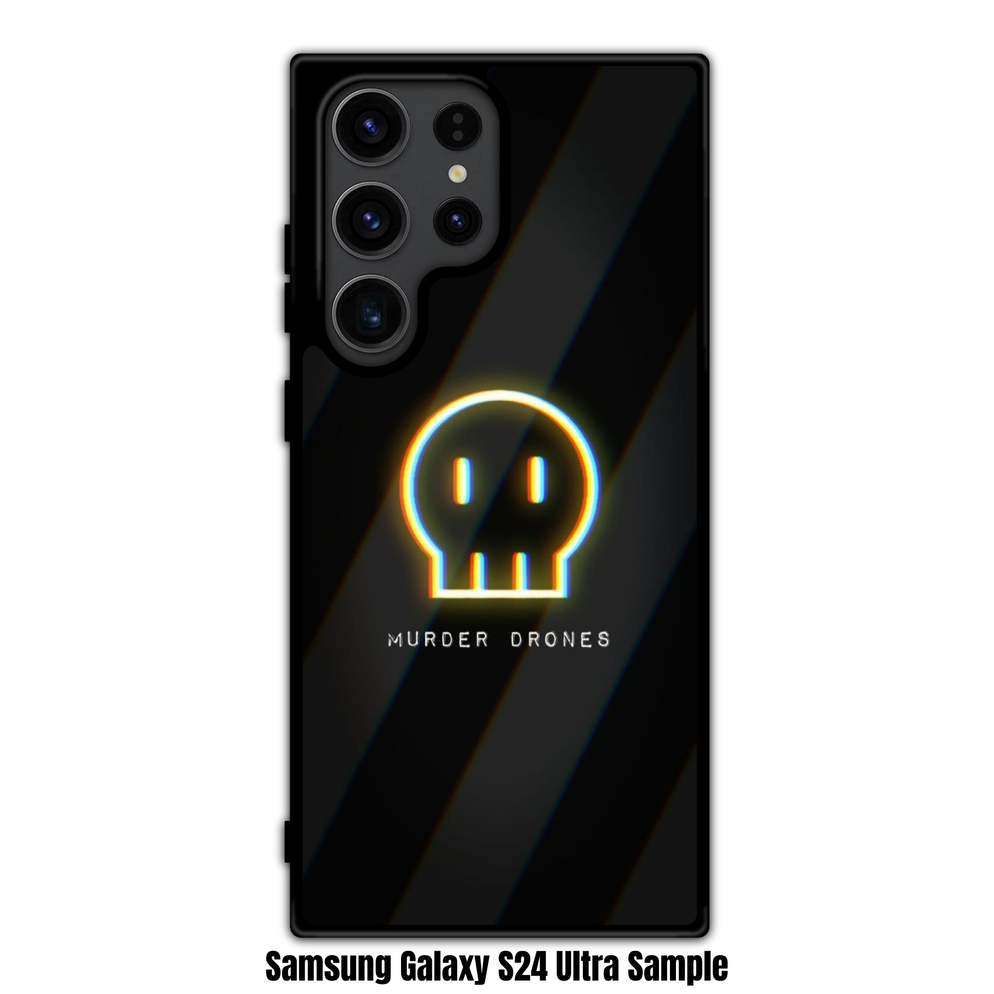 Murder Drones Phone Case For iPhone Samsung Galaxy Pixel - Glitch Logo On Black And Charcoal Diagonal Stripes Background