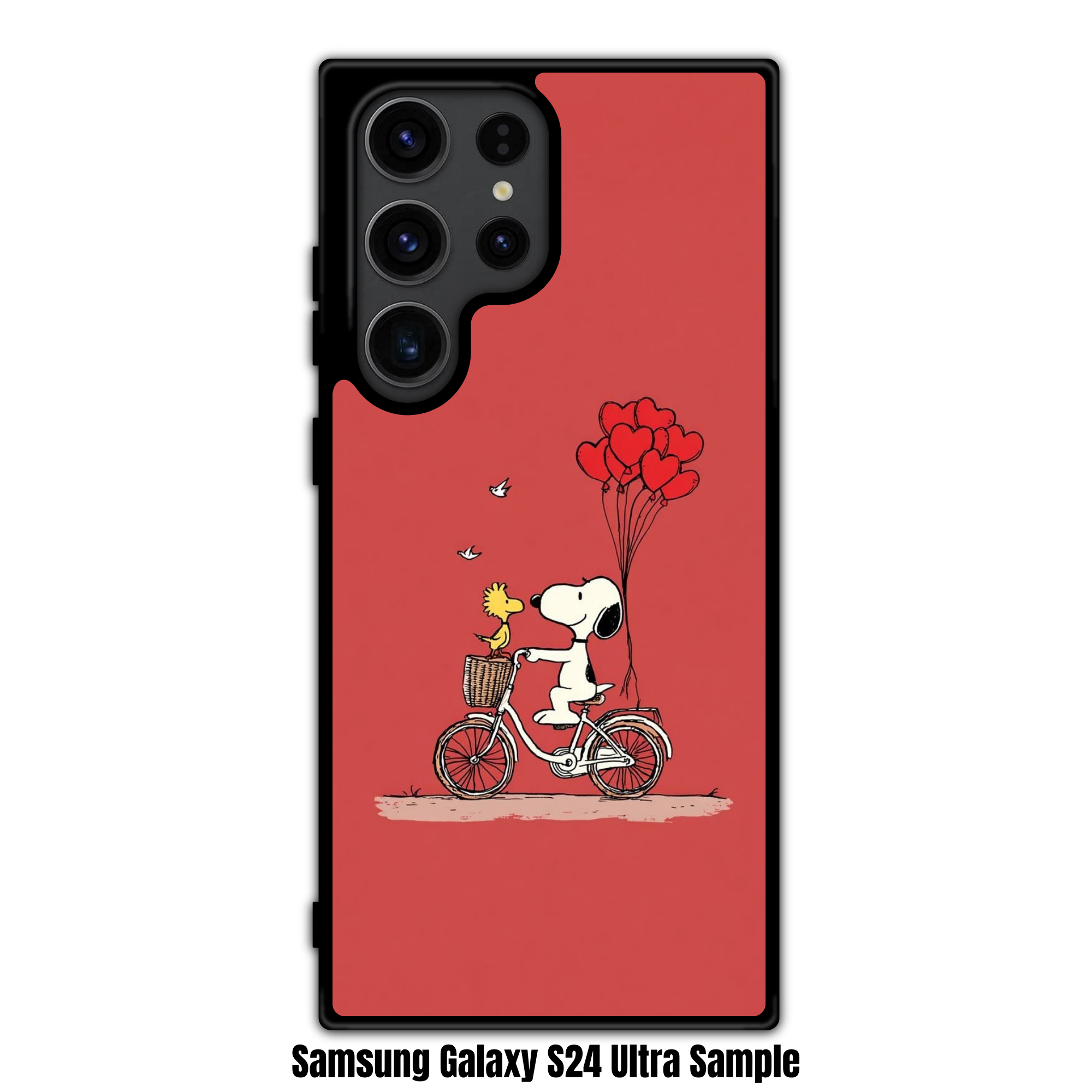 Peanuts Snoopy Phone Case For iPhone Samsung Galaxy Pixel - Peanuts Snoopy And Woodstock On A Bicycle With Heart Balloons On Red Background