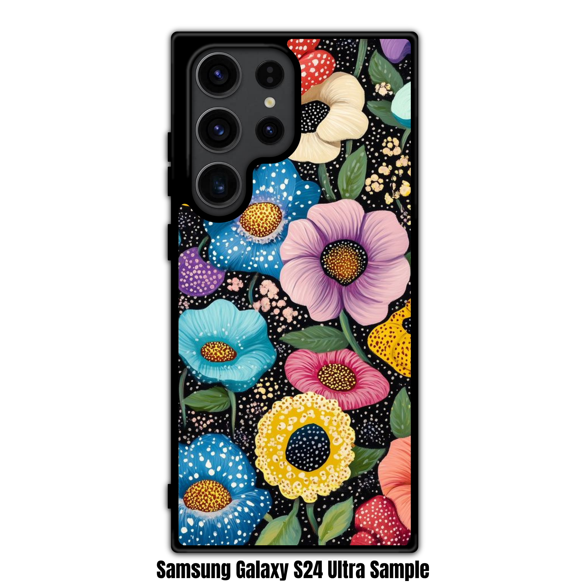 Yayoi Kusama Phone Case For iPhone Samsung Galaxy Pixel - Vibrant Colorful Flowers With Polka Dots On Black Background