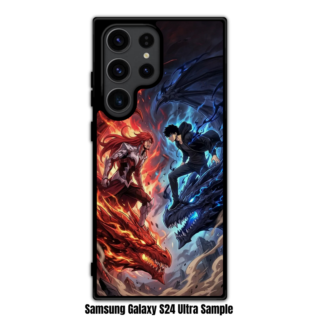 Solo Leveling Phone Case For iPhone Samsung Galaxy Pixel - Sung Jin woo And Antares Standing On Dragons Under A Red And Blue Sky Background