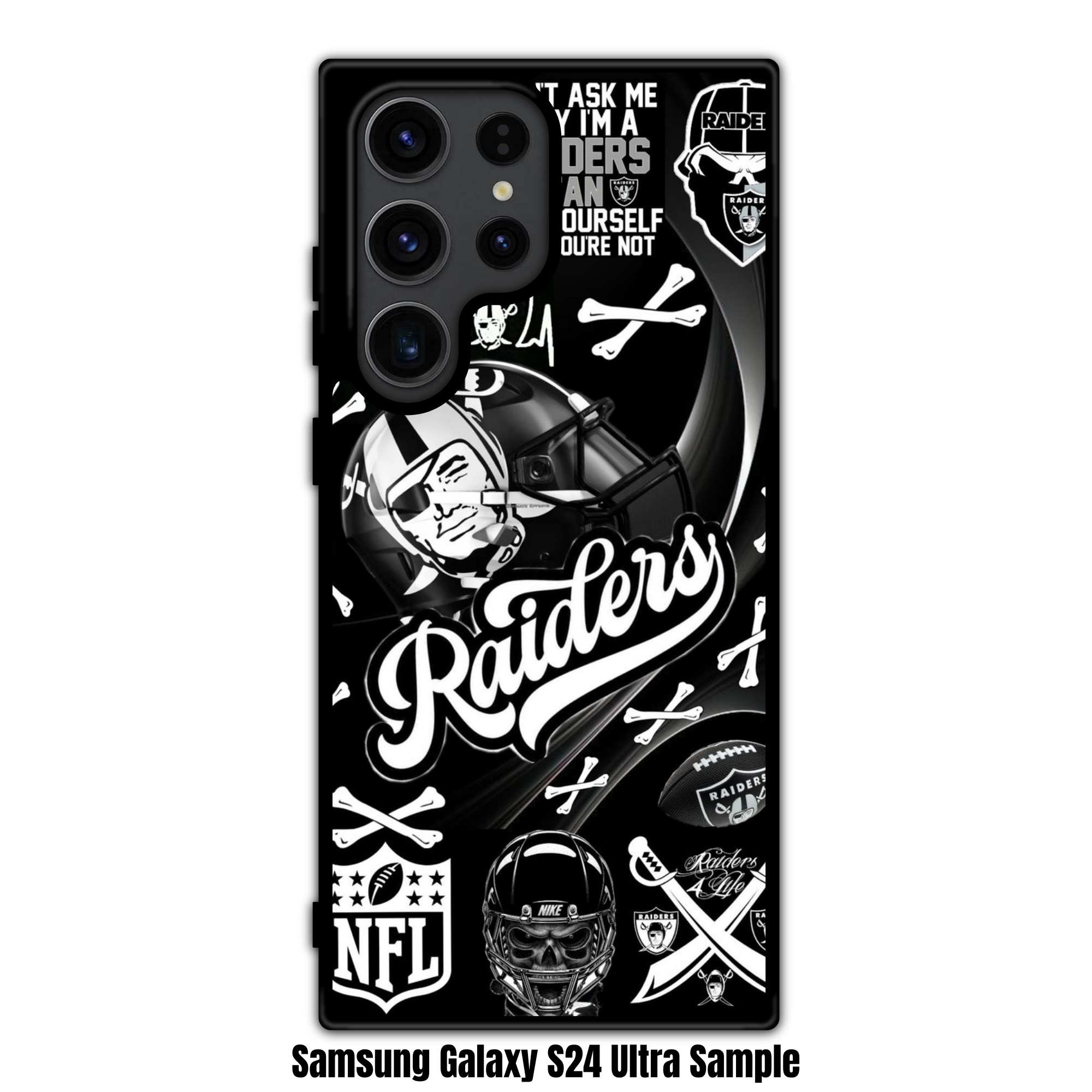 NFL Las Vegas Raiders Phone Case For iPhone Samsung Galaxy Pixel - Las Vegas Raiders Logos And Skull Helmet Pattern On Black Background