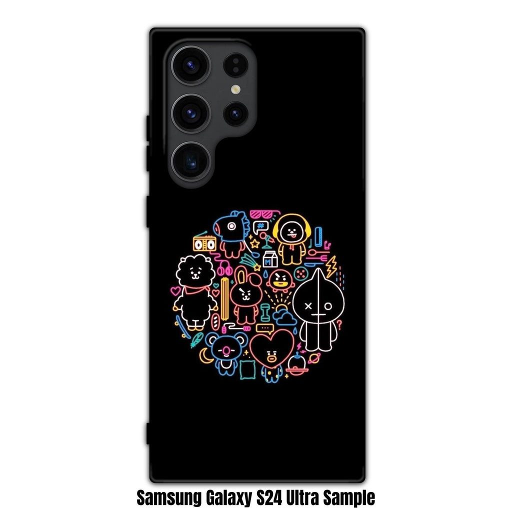 BTS Phone Case For iPhone Samsung Galaxy Pixel - BT21 Neon Outline Doodle Pattern On Black Background