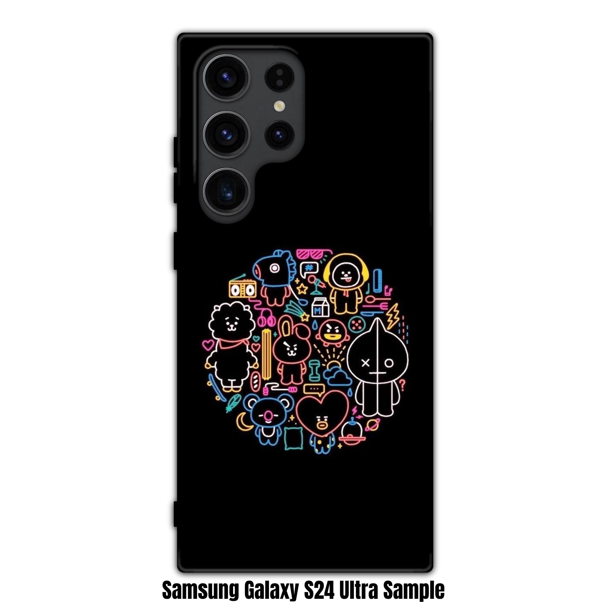 BTS Phone Case For iPhone Samsung Galaxy Pixel - BT21 Neon Outline Doodle Pattern On Black Background