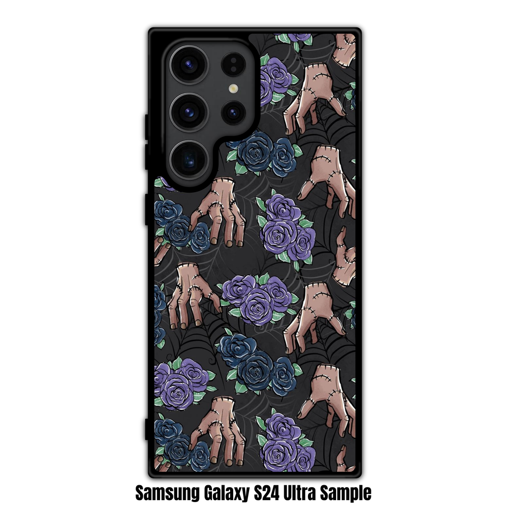 Wednesday Phone Case For iPhone Samsung Galaxy Pixel - Thing Hands And Purple Roses Pattern On Black Background