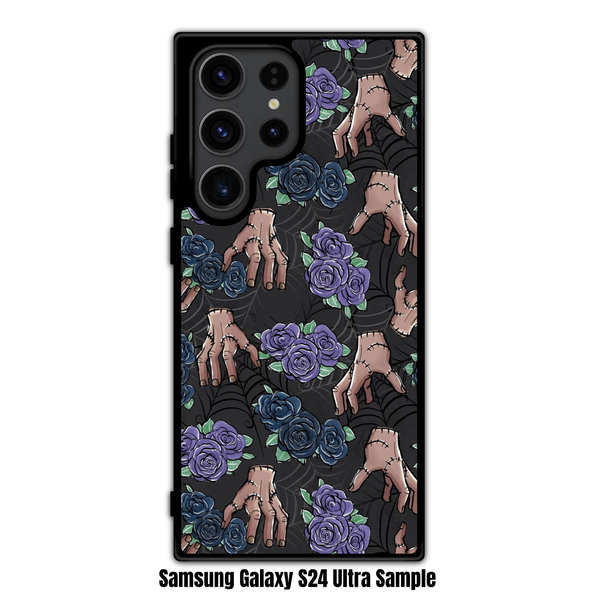 Wednesday Phone Case For iPhone Samsung Galaxy Pixel - Thing Hands And Purple Roses Pattern On Black Background