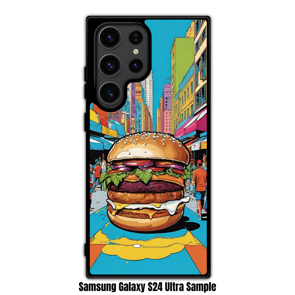 Burger Pattern Phone Case For iPhone Samsung Galaxy Pixel - Comic Style Giant Burger In New York City Street Painting