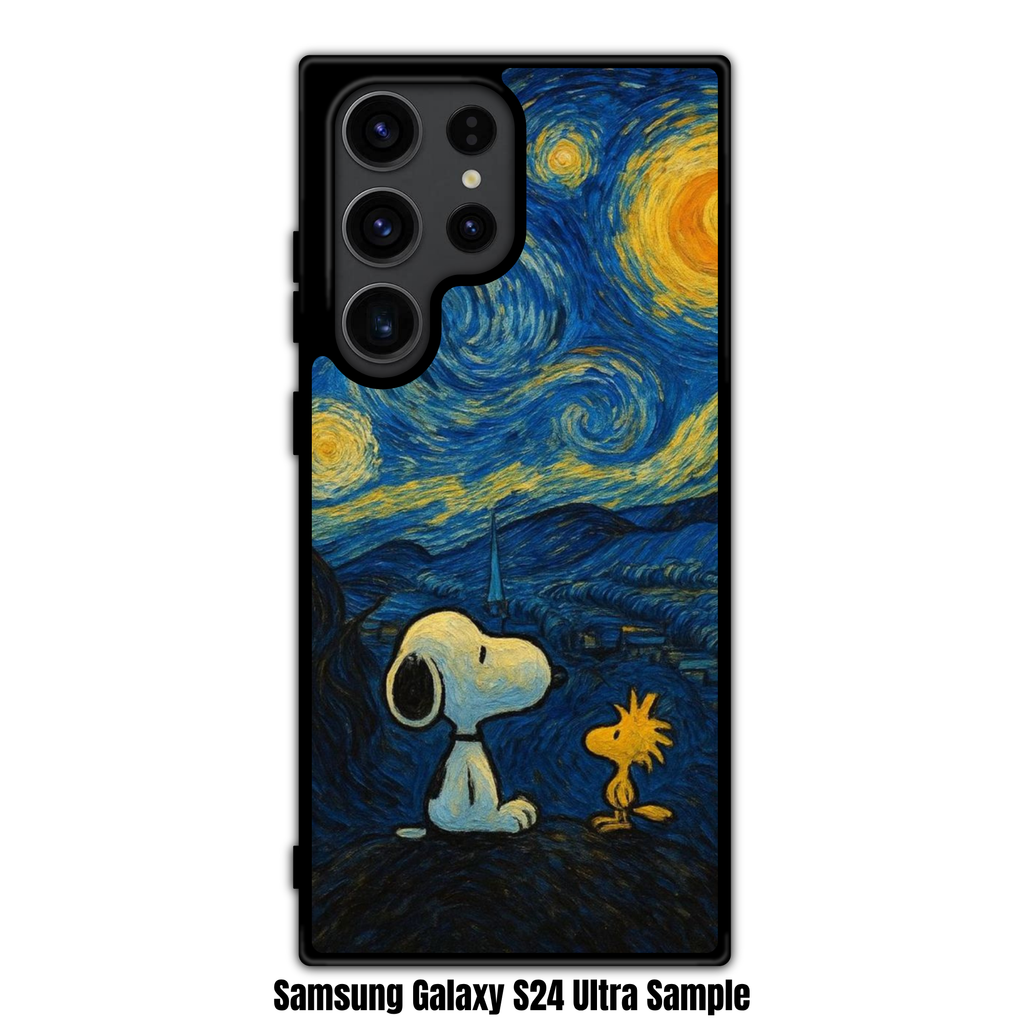 Peanuts Snoopy Phone Case For iPhone Samsung Galaxy Pixel - Peanuts Snoopy And Woodstock Looking Up At Starry Night Painting Background