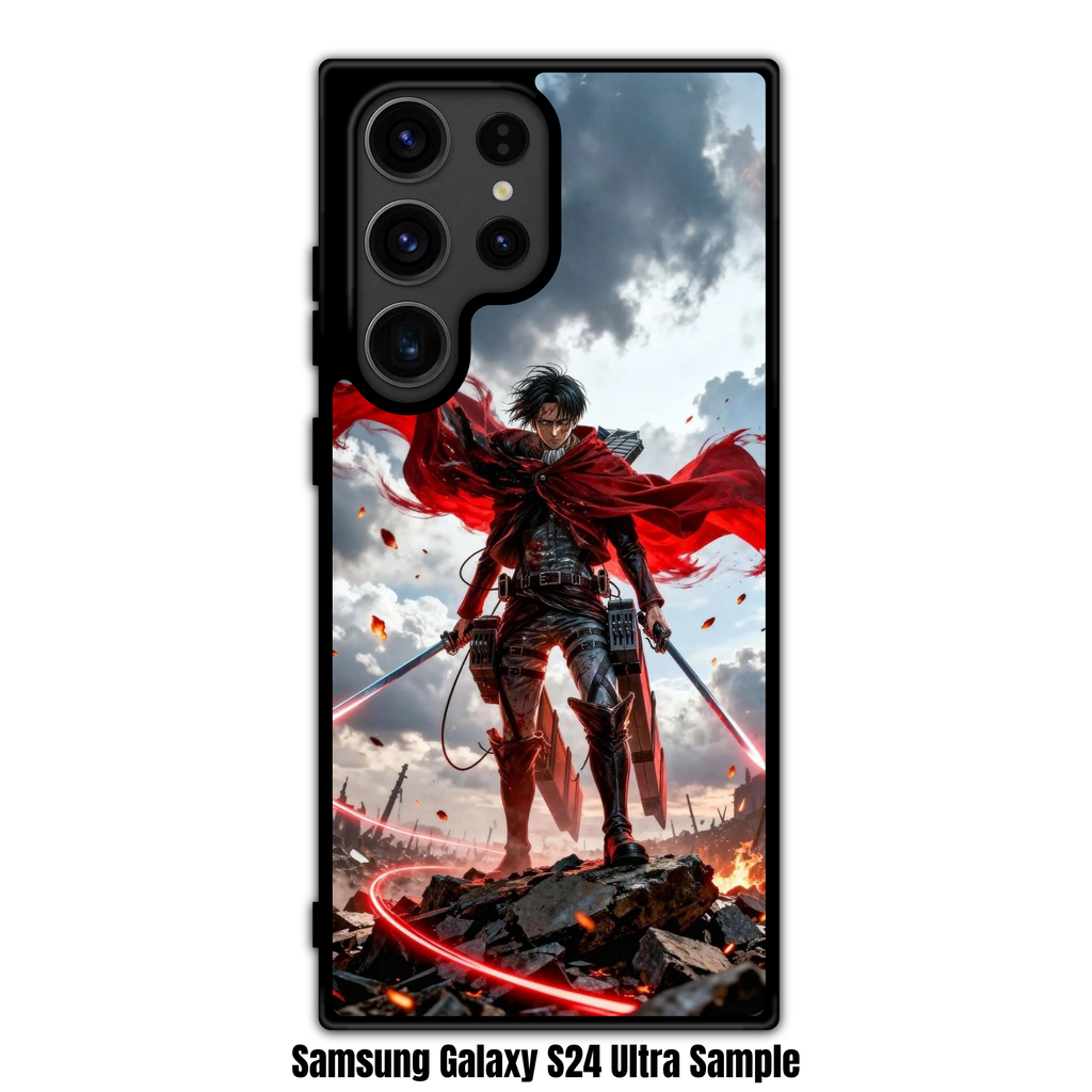 Attack on Titan Levi Phone Case For iPhone Samsung Galaxy Pixel - Levi Ackerman Standing With Glowing Red Swords On Battlefield Under Stormy Sky Background